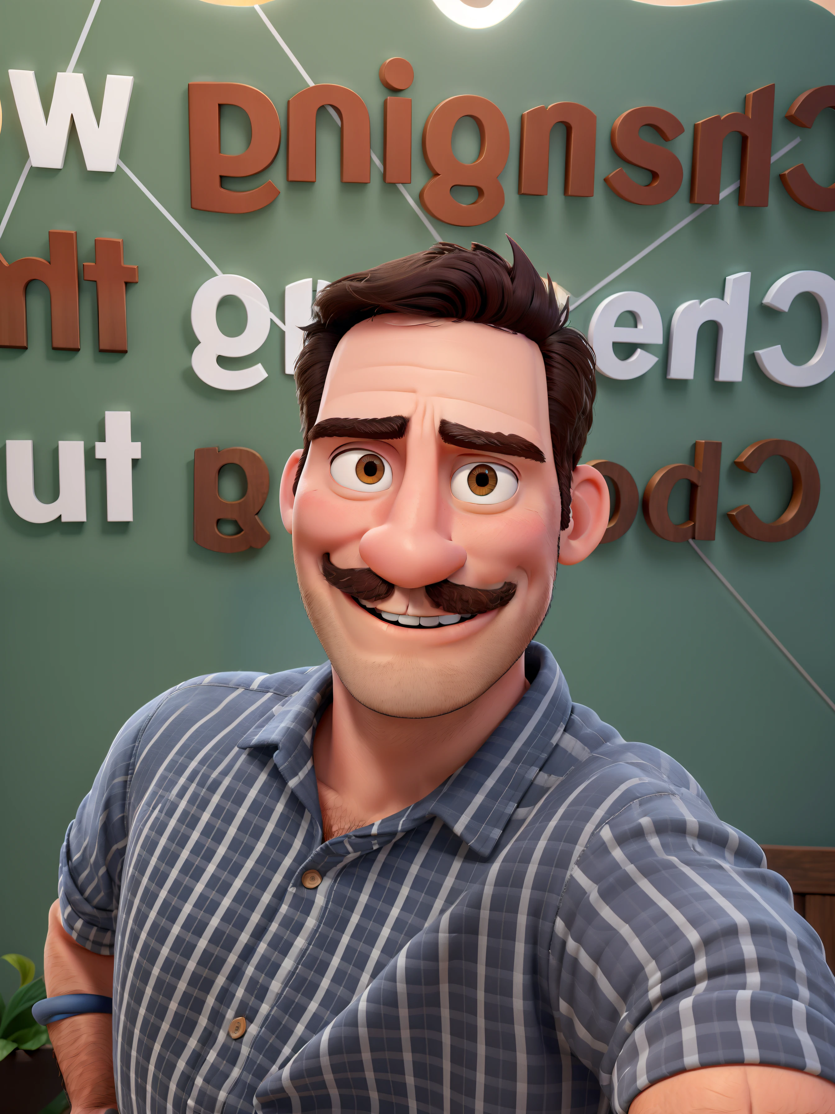 Foto de um homem forte no modelo pixar, com olhos castanhos claros. Smiling without showing teeth and without expressions on his forehead. Tem um bigode bonito parecido com Salvador dali.  Aparentar ter 29 anos