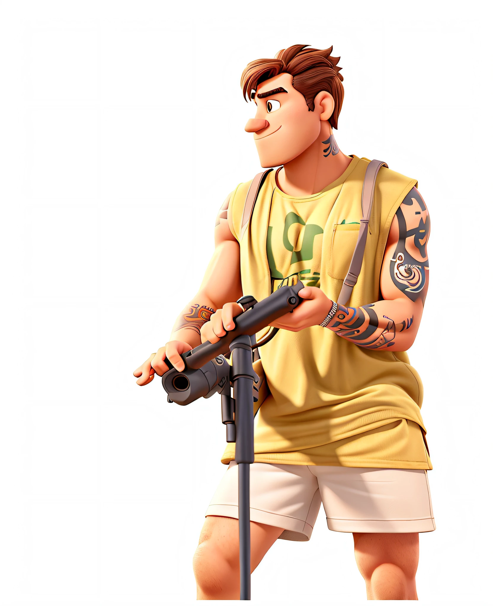 Um homem no estilo estilo pixar, alta qualidade e melhor qualidade, in a tank top and tattooed arm