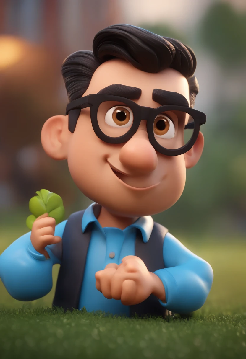 Cartoon character of a man wearing black glasses and a blue shirt, um personagem animado, Caractere estilizado, animation style rendering, 3D estilizado, Arnold Maya render, 3 d render stylized, toon render keyshot, Personagem 3D, Personagem 3D, 3d rendering stylized, 3 d character render, personagem de desenho animado, Personagem de close up, Pose de personagem, (Estilo Pixar) (master part:1.2) (Bokeh) (best quality) (pele detalhada) (textura detalhada) (8k) (argila) (Cinematic lighting) (foco nítido,Senta e vaza a parte superior do corpo
