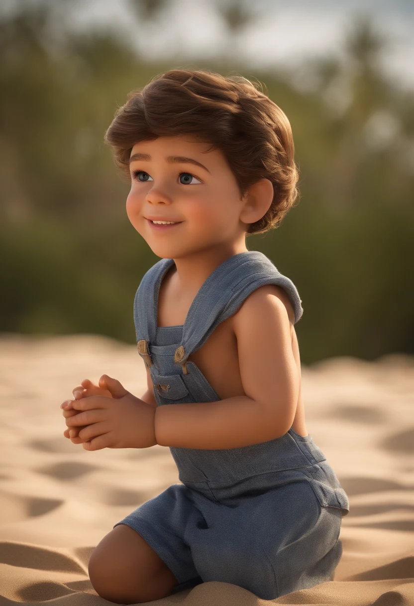 qualidade de imagem do filme,Disney Animation,Disney animated films,style of disney animation,A boy builds a sand castle on the beach,Denim suspenders,Bare feet,profundidade de campos,Luz alta,luz real,Traching de raias,oc renderizado,hyper-realistic,melhor qualidade,8k,Obras de mestres,super-fino,pelos pubianos detalhados,anatomia correta,sharp focus on eyes,Bokeh,Facial features are carefully described