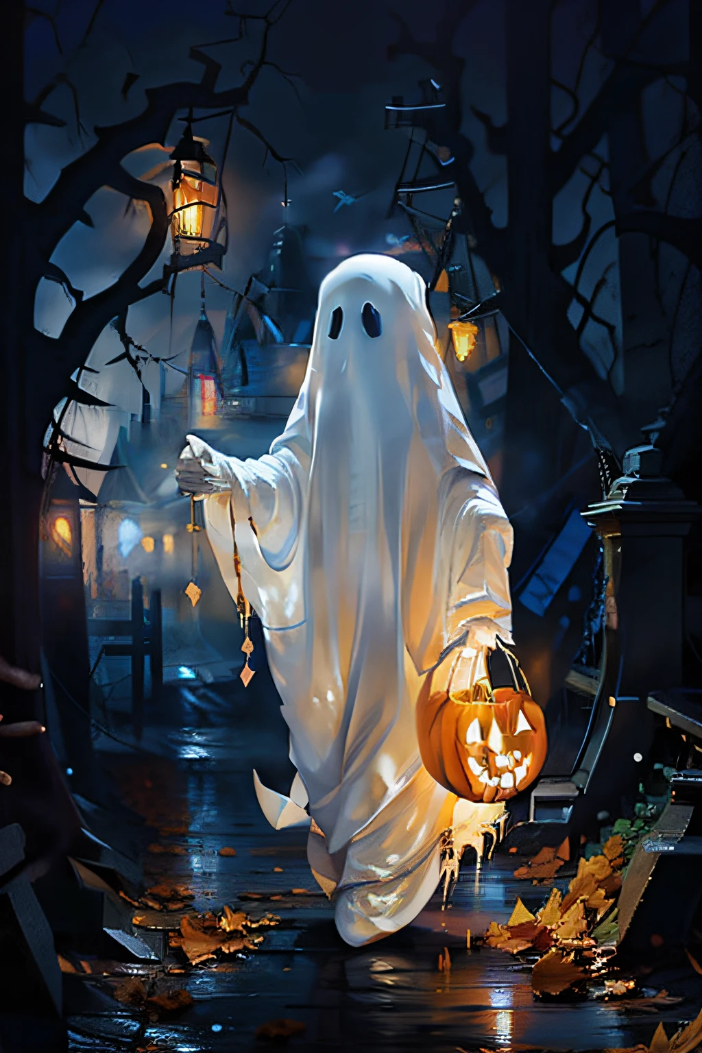 Masterpiece,Best quality,Ultra-detailed,Photorealistic,Realistic,Photography,1girll,ghost,Ghost costumes,pumpkins,forest,Night,Moon,