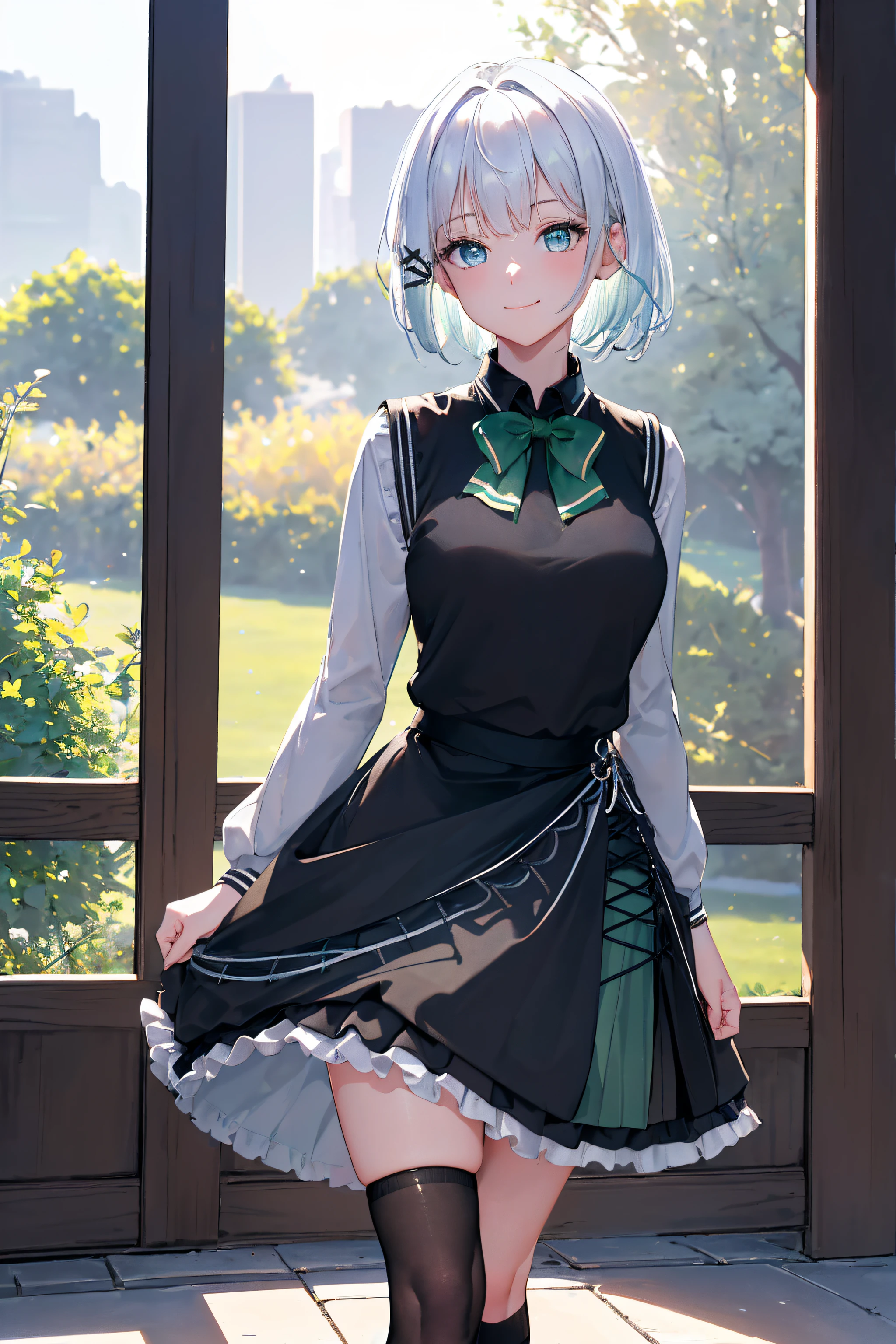masterpiece, best quality, highres, 1girl white hair blue eyes x hair ornament,(wearing black footwear, kneehighs, green skirt, black socks, loafers, green bow, sweater vest, green ribbon:1.2), standing, leaning forward, (arms behind back:1.2), smile, simple background,NSFW,official art,extremely detailed CG unity 8k wallpaper, perfect lighting, (masterpiece:1.0),(best_quality:1.0), ultra high res,4K,ultra-detailed, photography, 8K, HDR, highres, absurdres:1.2, Kodak portra 400, film grain, blurry background, bokeh:1.2, lens flare, (vibrant_color:1.2),(beautiful_face:1.5),(narrow_waist),(perfect hands, perfect anatomy),