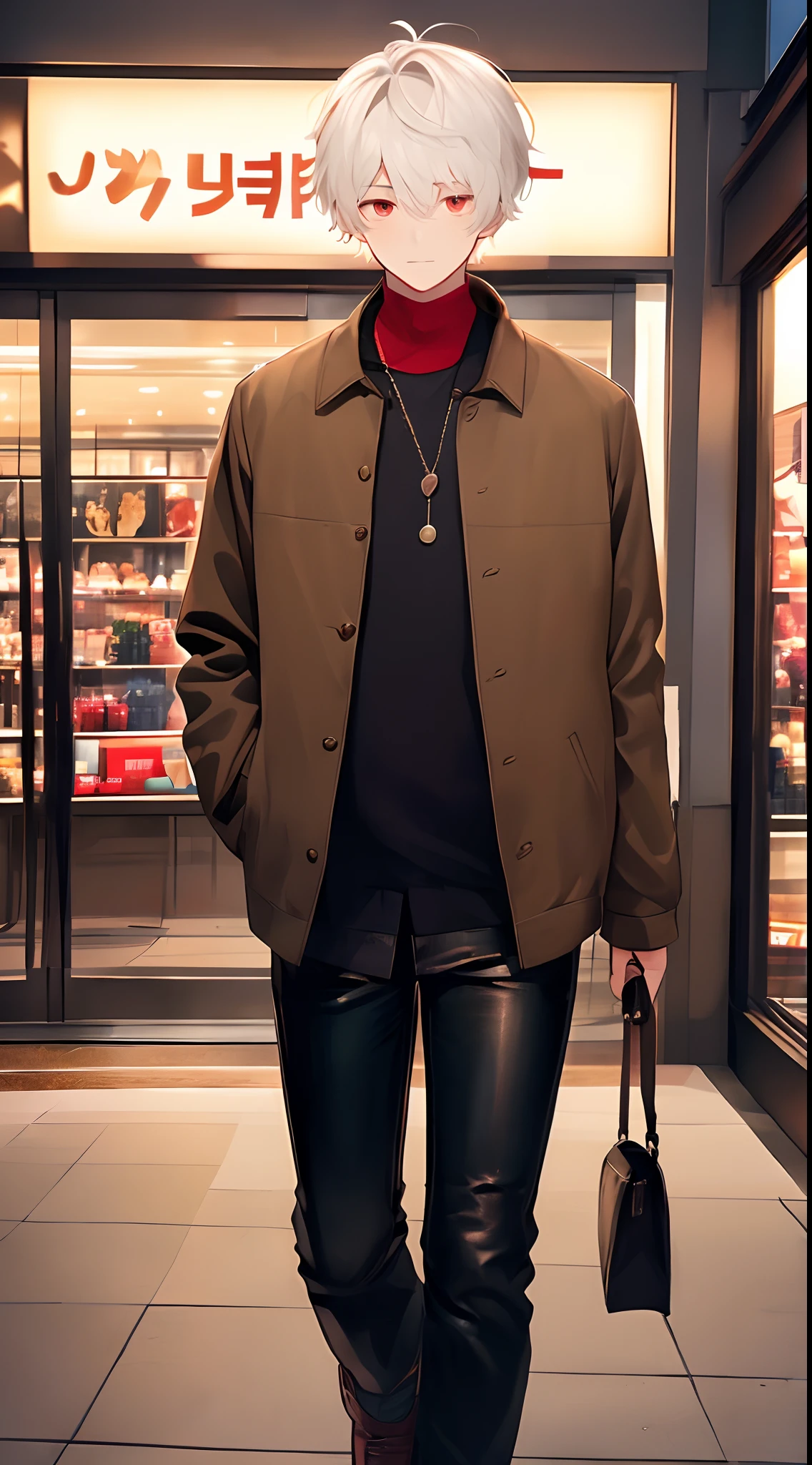 (4K works))、​masterpiece、(top-quality)、((In front of the department store))、Korean Male、Adult male、((Adult 50 years old))、((Adult uncle type))、((Leather Jeans Style))、((Face similar to Hyunjin))、Cool Men、tall、((Gentle face))、((Cool werewolf fashion in black))、((Long sleeve long trouser style))、((Smaller face))、Slim body、((Uncle))、((white  hair))、((white short-haired))、((Red Eyes))、((shot from front))、((Shot alone))、((Solo Photography))、Professional Photos、((Reach out to your audience))、((He walks in front of the viewer))、((dad bod))、