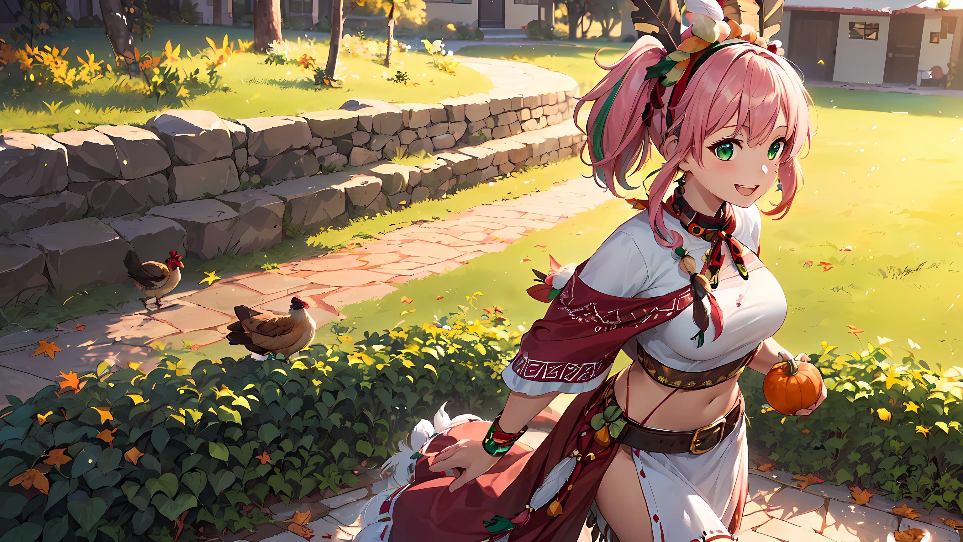 masterpiece, 1girl ((20year old, dressed as a native American Indian, medium breasts, multicolor pink hair, twin ponytails, perfect model body, detailed green eyes:1.5, flirting, happy, big smile, cosplay as a native American Indian wearing a feather headdress, walking down a path:1.2, with Kawaii turkeys in the background:1.3, festive and thanksgiving atmosphere:1.2)) ((solo:1.6))