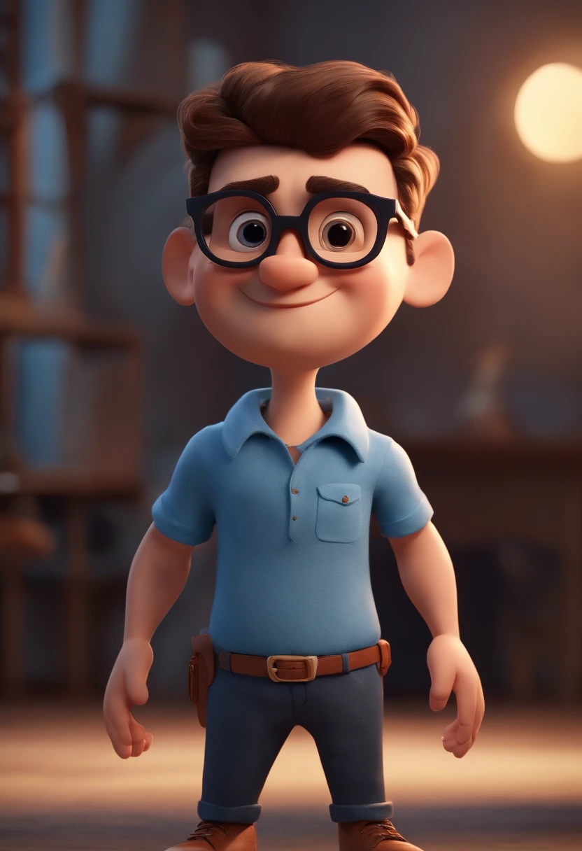 Cartoon character of a man with black glasses and a blue shirt, animation character, Caractere estilizado, animation style rendering, 3D estilizado, Arnold Maya render, 3 d render stylized, toon render keyshot, Personagem 3D, Personagem 3D, 3d rendering stylized, 3 d character render, personagem de desenho animado, Personagem de close up, Pose de personagem,  (Estilo Pixar) (master part:1.2) (Bokeh) (best quality) (pele detalhada) (textura detalhada) (8k) (argila) (Cinematic lighting) (foco nítido
