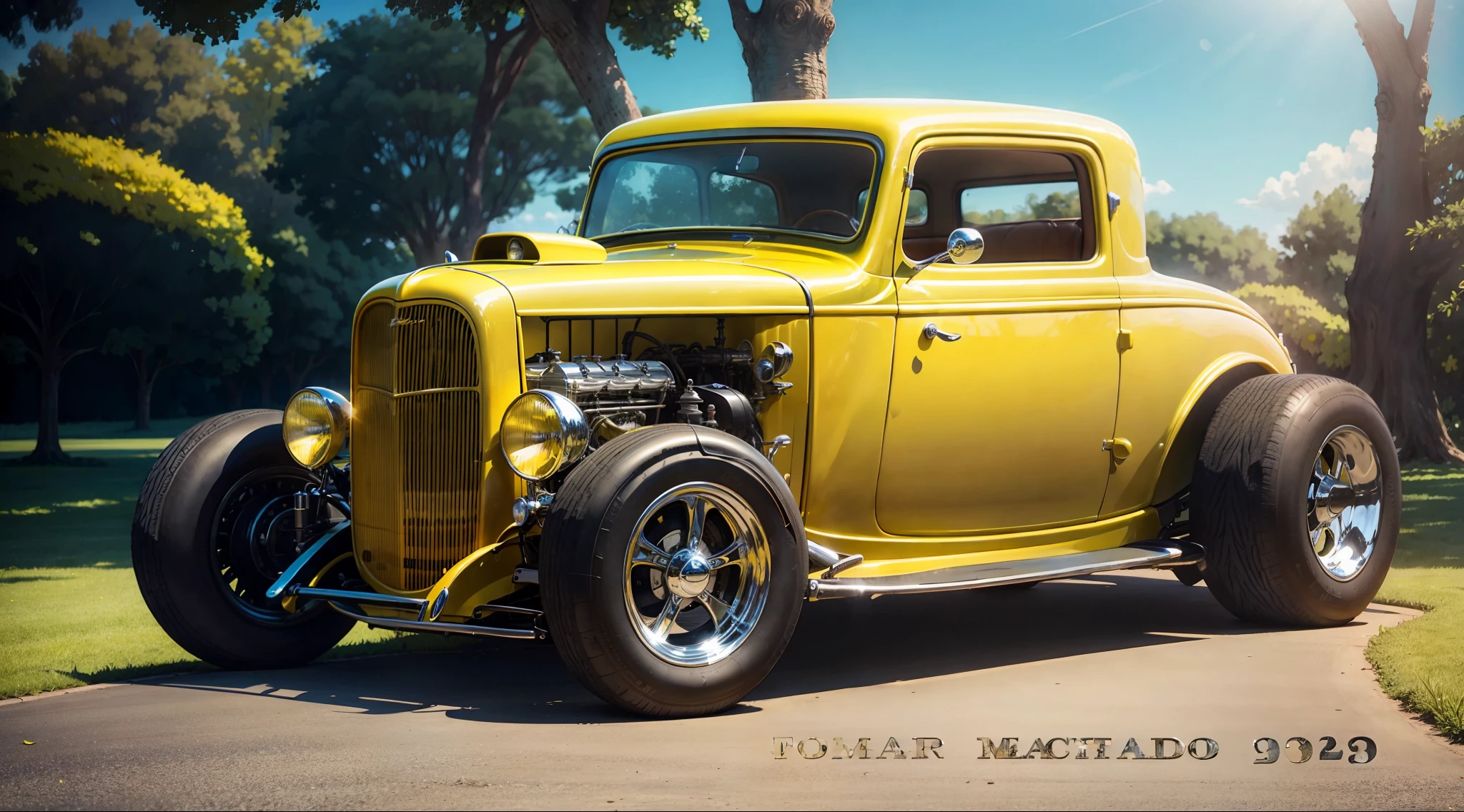 Beautiful yellow 1932 Ford car in front of a lawn surrounded by greenery and a blue sky in the background