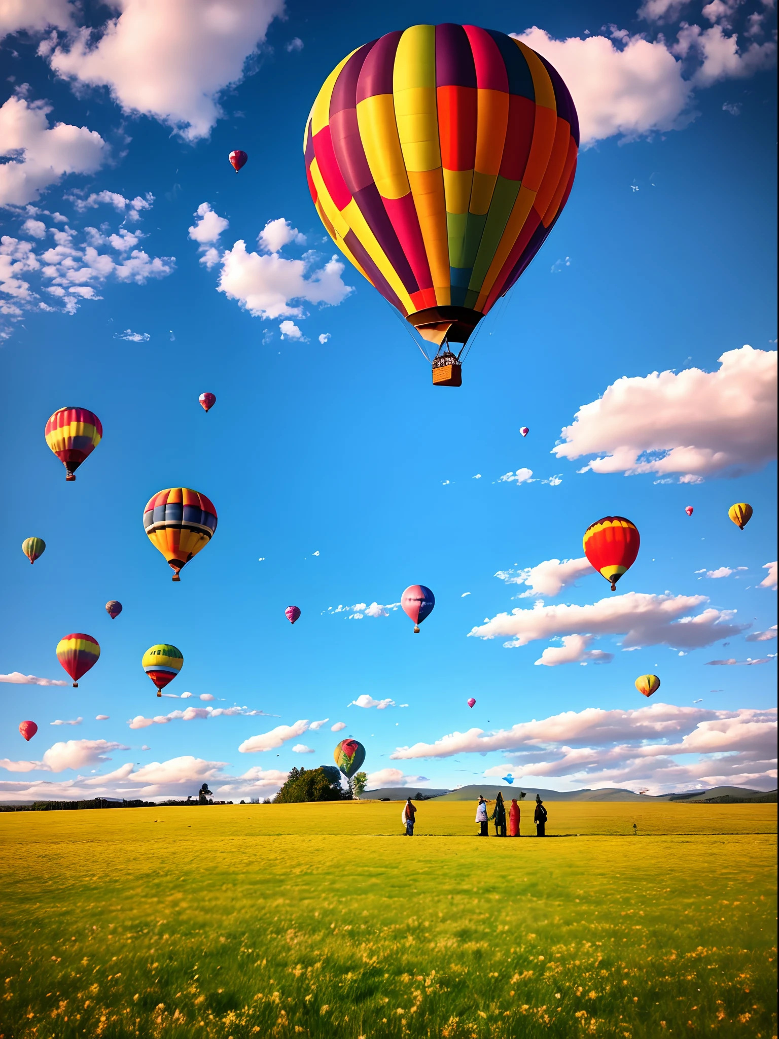 People standing in a field with a hot air balloon in the background, hot air balloons, hanging from a hot air balloon, balloon, hot air balloon, todo mundo se divertindo, as an air balloon, 4 k post, Postagem 4k, com montanhas ao fundo, divertindo-se, Fotografia tirada em 2 0 2 0, Directed by: Randy Gallegos