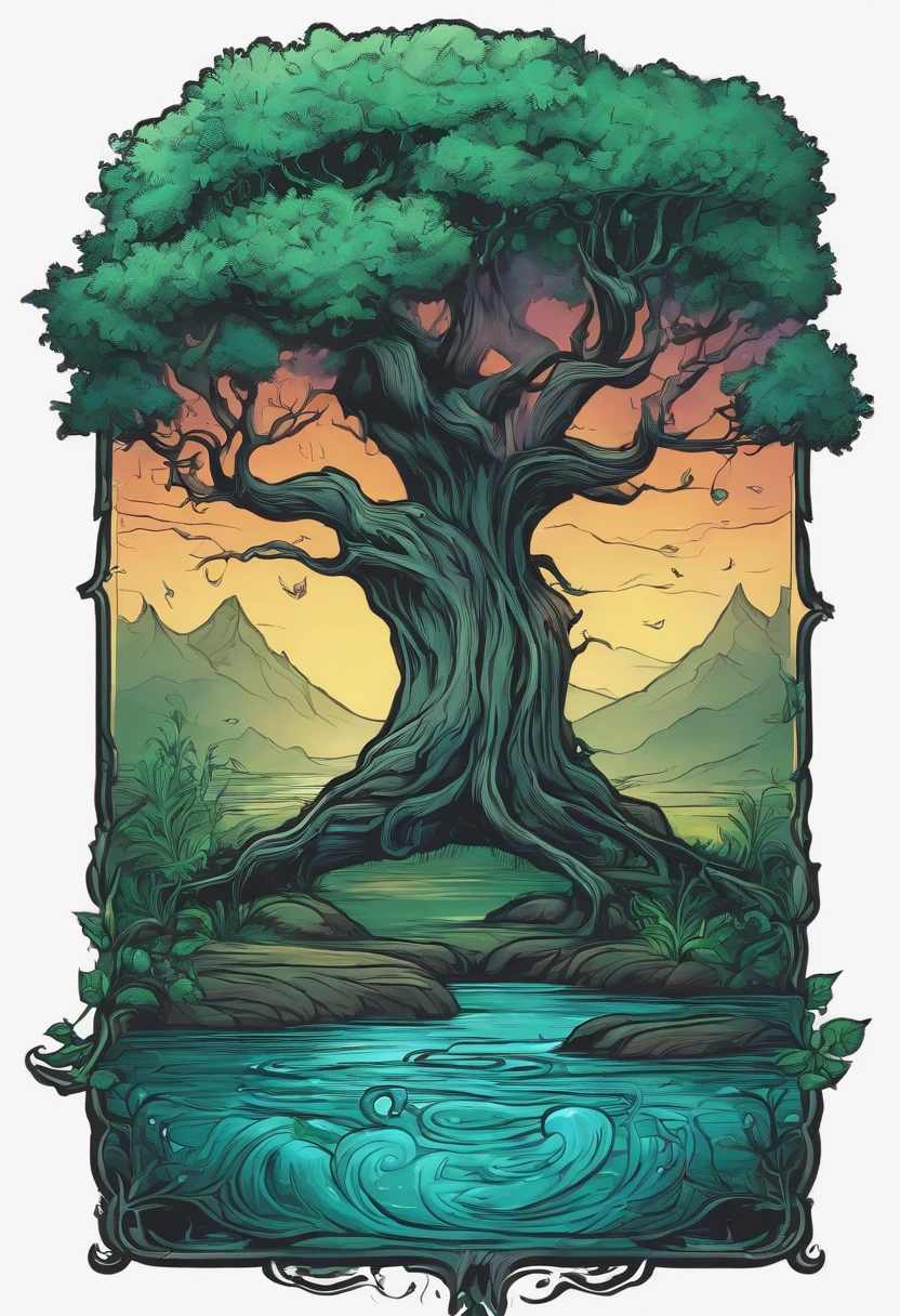 /imagine prompt: wizard tree fantasy water illustration for a sticker with a black background, in bold outline style, jagged edges, trashcore, light shading --v 5.2