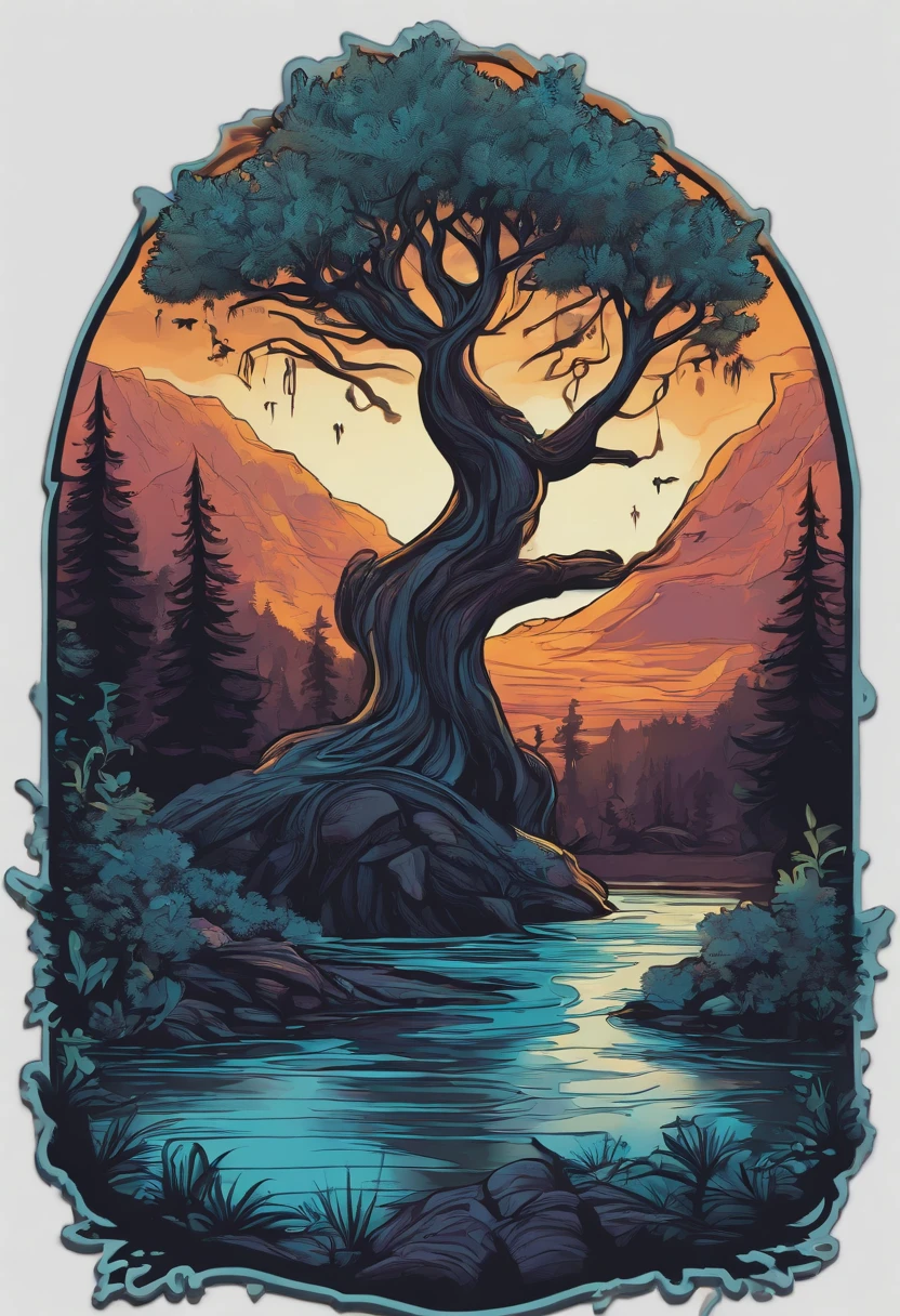 /imagine prompt: wizard tree fantasy water illustration for a sticker with a black background, in bold outline style, jagged edges, trashcore, light shading --v 5.2