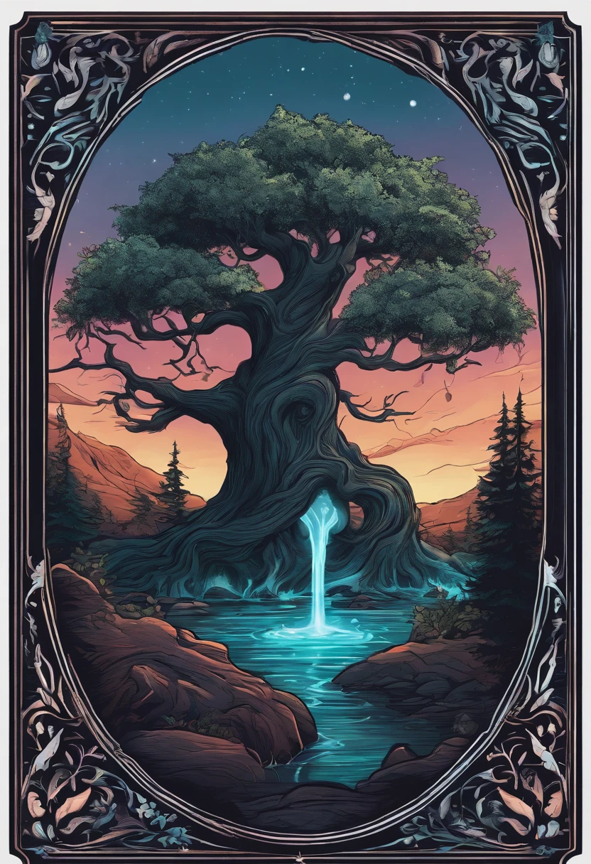 /imagine prompt: wizard tree fantasy water illustration for a sticker with a black background, in bold outline style, jagged edges, trashcore, light shading --v 5.2