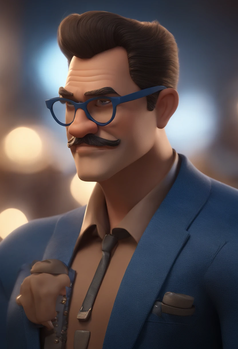 Cartoon character of a man with black glasses, cabelo cacheado marrom escuro e uma camisa azul, animation character, Caractere estilizado, animation style rendering, 3D estilizado, Arnold Maya render, 3 d render stylized, toon render keyshot, Personagem 3D, Personagem 3D, 3d rendering stylized, 3 d character render, personagem de desenho animado, Personagem de close up, Pose de personagem, (Estilo Pixar) (master part:1.2) (Bokeh) (best quality) (pele detalhada) (textura detalhada) (8k) (argila) (Cinematic lighting) (foco nítido
