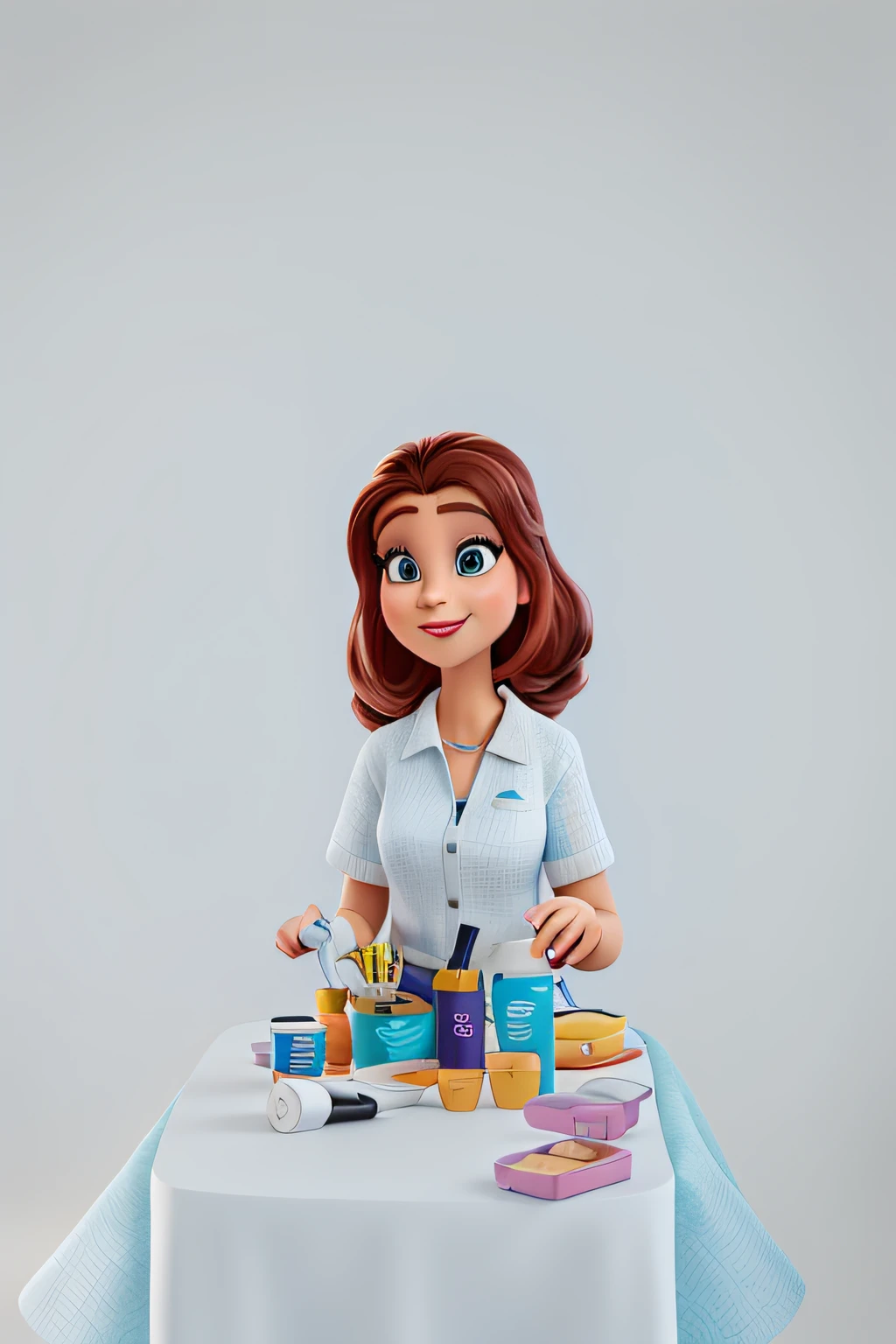 Uma mulher estilo disney pixar, cabelos lisos curtos castanho escuro, com olhos castanhos, with products on the countertop with the title Beauty Therapy Line, alta qualidade, melhor qualidade