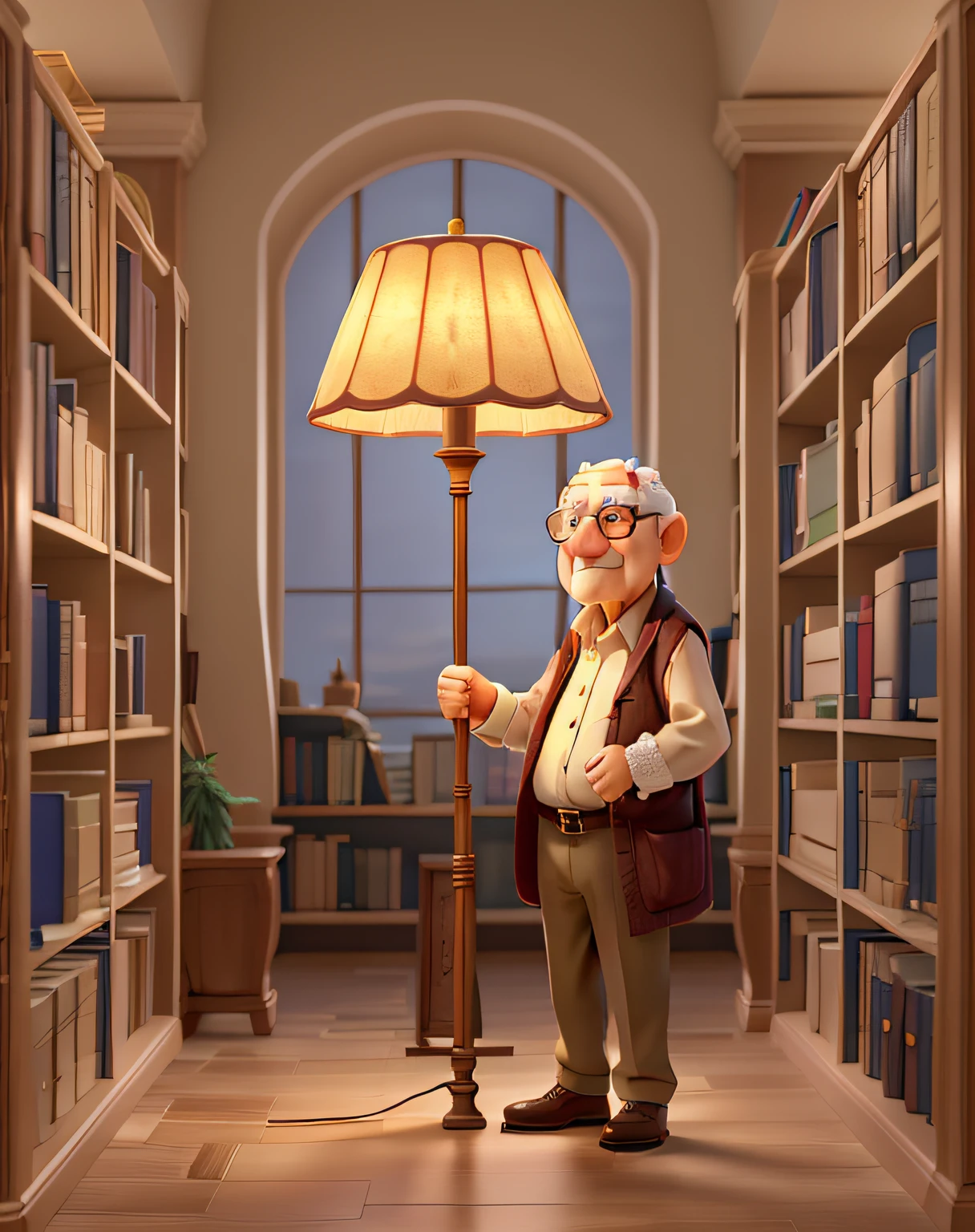 A wise old man standing in front, illuminated by the light of a lamp, against the backdrop of a library