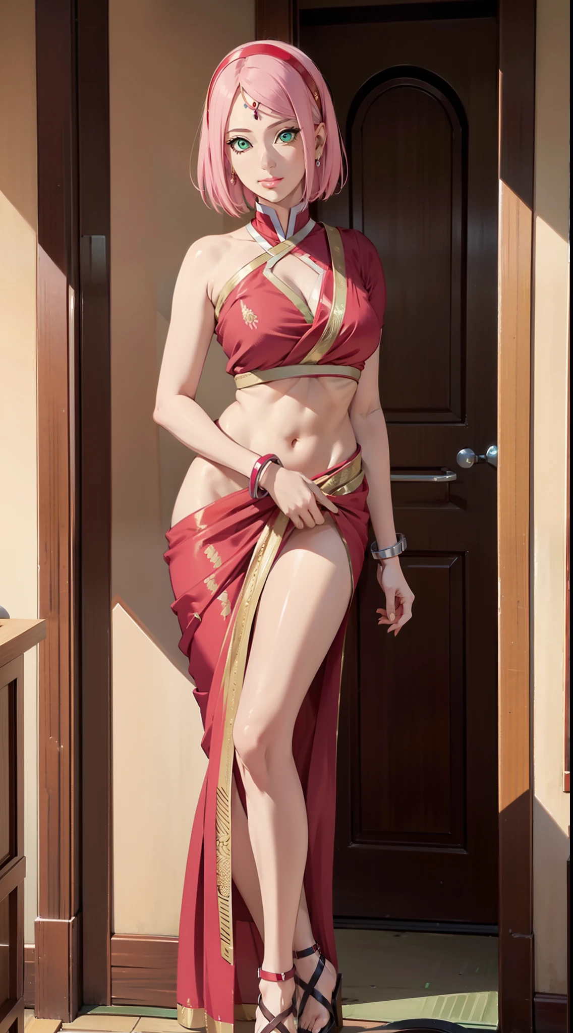 Sakura Haruno,1 rapariga, medium breast,Perfect body,a wide waist,Sexy body,light pink colored hair,Green eyes,symetrical face,Sharpness,foco nítido, detailed outfits,Cute smile,looking at viewer,pause,erect through, leaning towards viewer, detailed face,Deep blue diamond on forehead,wearing red traditional silk saree, Indian outfit, traditional blouse ,cleavage,Indian silk saree, navel, groin,full-body portraits,