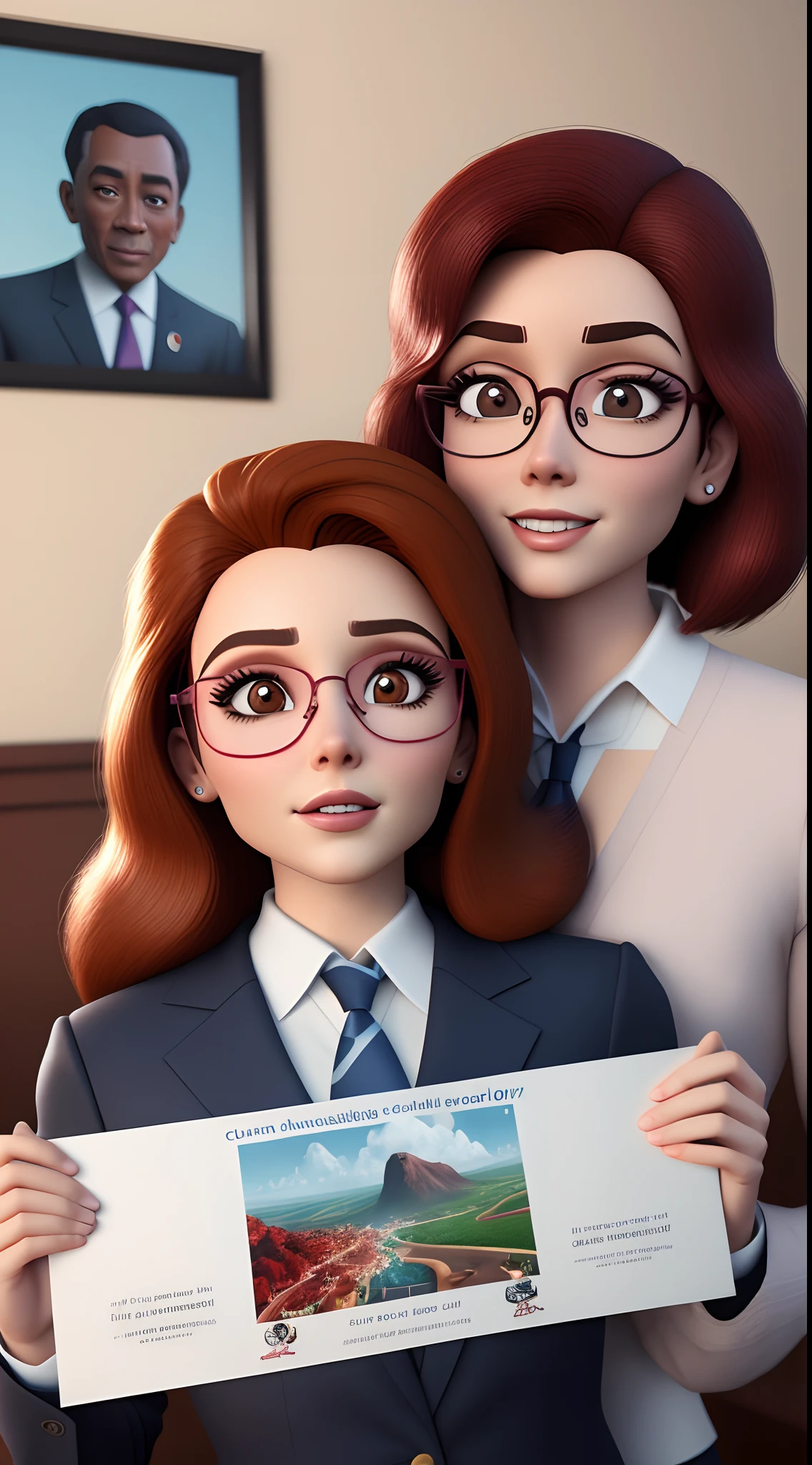 Poster 3 d inspirado na disney pixar, capturando uma imagem de homem de cabelos curtos, cabelos claros, eyeglass, terno escuro, burgundy tie, pouco acima peso, pele clara, sem barba, bochechas claras