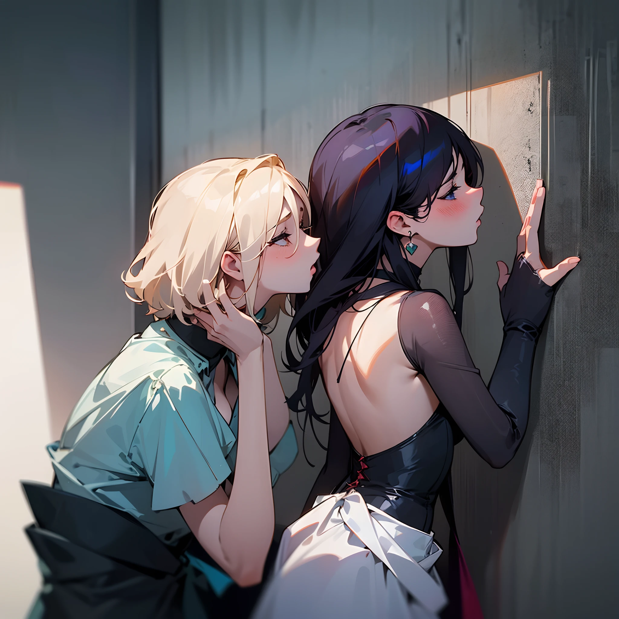 Two women passionately making out with each other, one woman's back pinned to the wall, they're very desperate, lustful, dim lighting, sexy and seductive