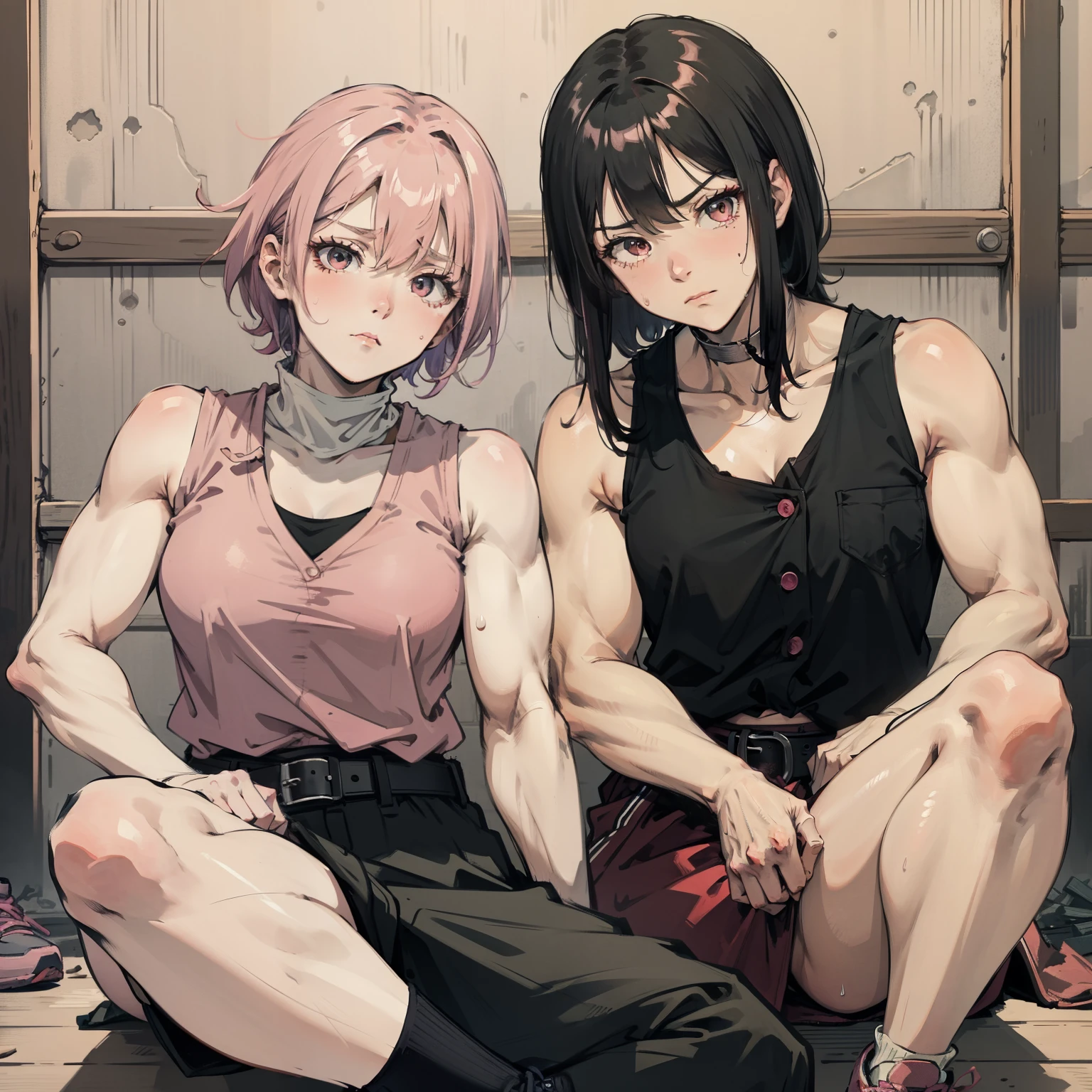 Muscle Girl, Defined body, Explosive muscles，sweat leggs，vests，Developed body, Kung Fu Fighter, red blouse，With buttons, Black trousers, Black belt at the waist, pointy hair, with short black hair (The ends of the hair have pink hair), Wrestling shoes, Tired look, Sitting on the burden of the old warehouse, Abandoned internal warehouses, medieval environment.