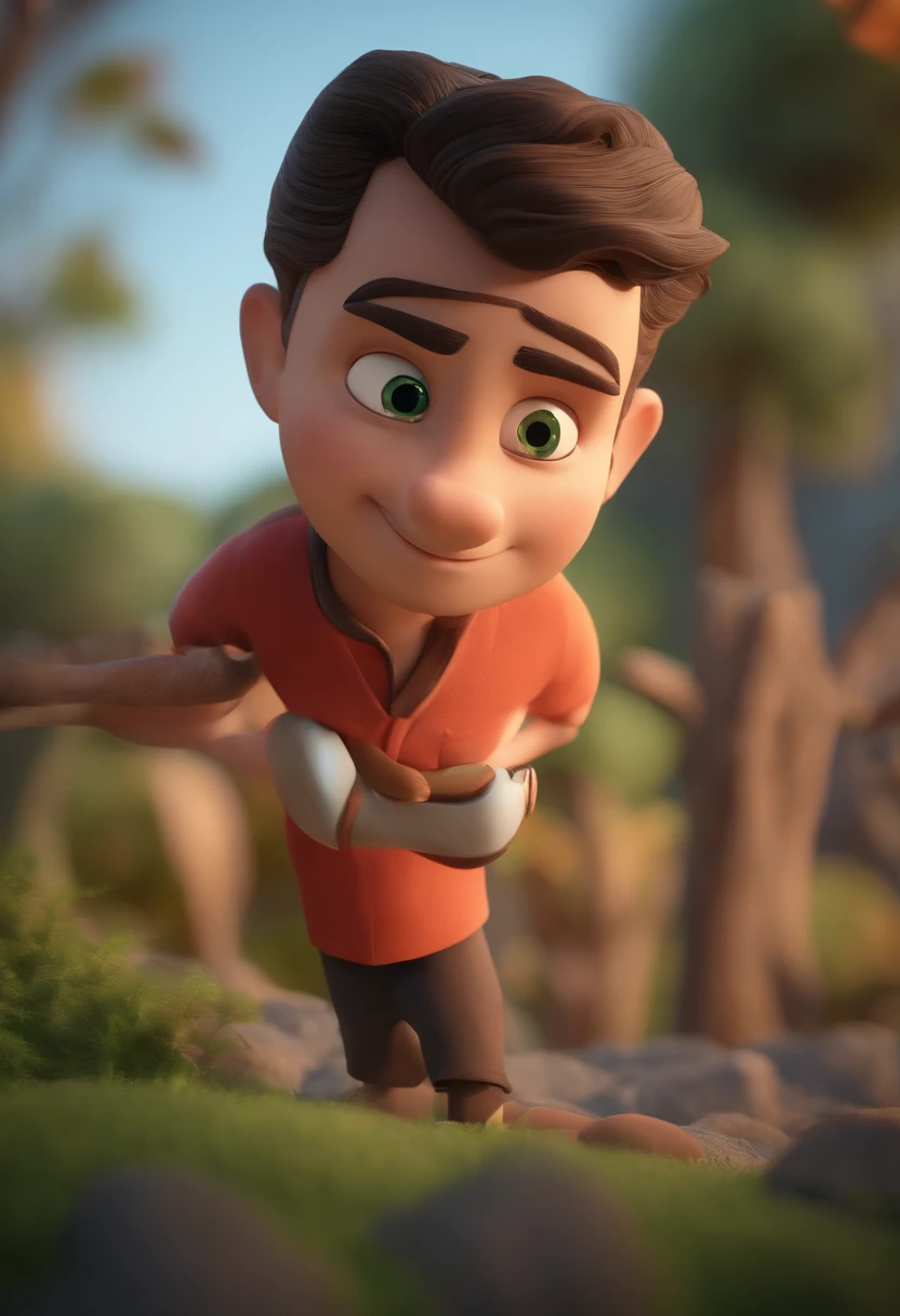 personagem dos desenhos animados de um homem de olhos verdes e uma camisa preta e olhos verdes e com cavanhaque, animation character, Caractere estilizado, animation style rendering, 3D estilizado, Arnold Maya render, 3 d render stylized, toon render keyshot, Personagem 3D, Personagem 3D, 3d rendering stylized, 3 d character render, personagem de desenho animado, Personagem de close up, Pose de personagem, (Estilo Pixar) (master part:1.2) (Bokeh) (best quality) (pele detalhada) (textura detalhada) (8k) (argila) (Cinematic lighting) (foco nítido