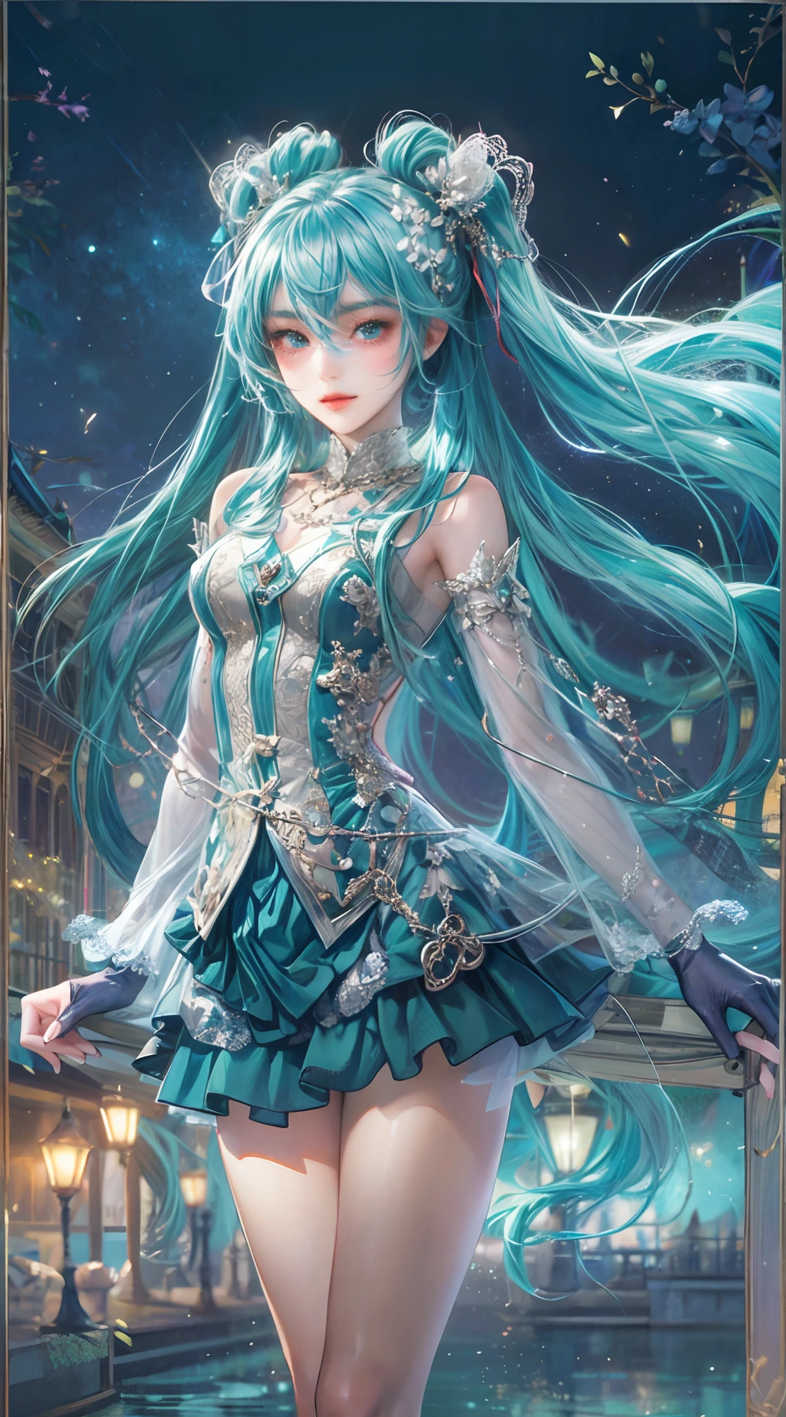 Absurdres masterpiece HDR high quality picture of Hatsune Miku, very young age girl 14 years old with detailed face, simple hair design , beautiful face, simple pose hands on waist pose and hands are hiding in her hair and clothes , very long hair, ((random hair style:1 )) , anime eyes, light skin ,
Sexy prom gown and gloves outfit , detailed hair ornaments , beautiful town background, masterpiece scenery