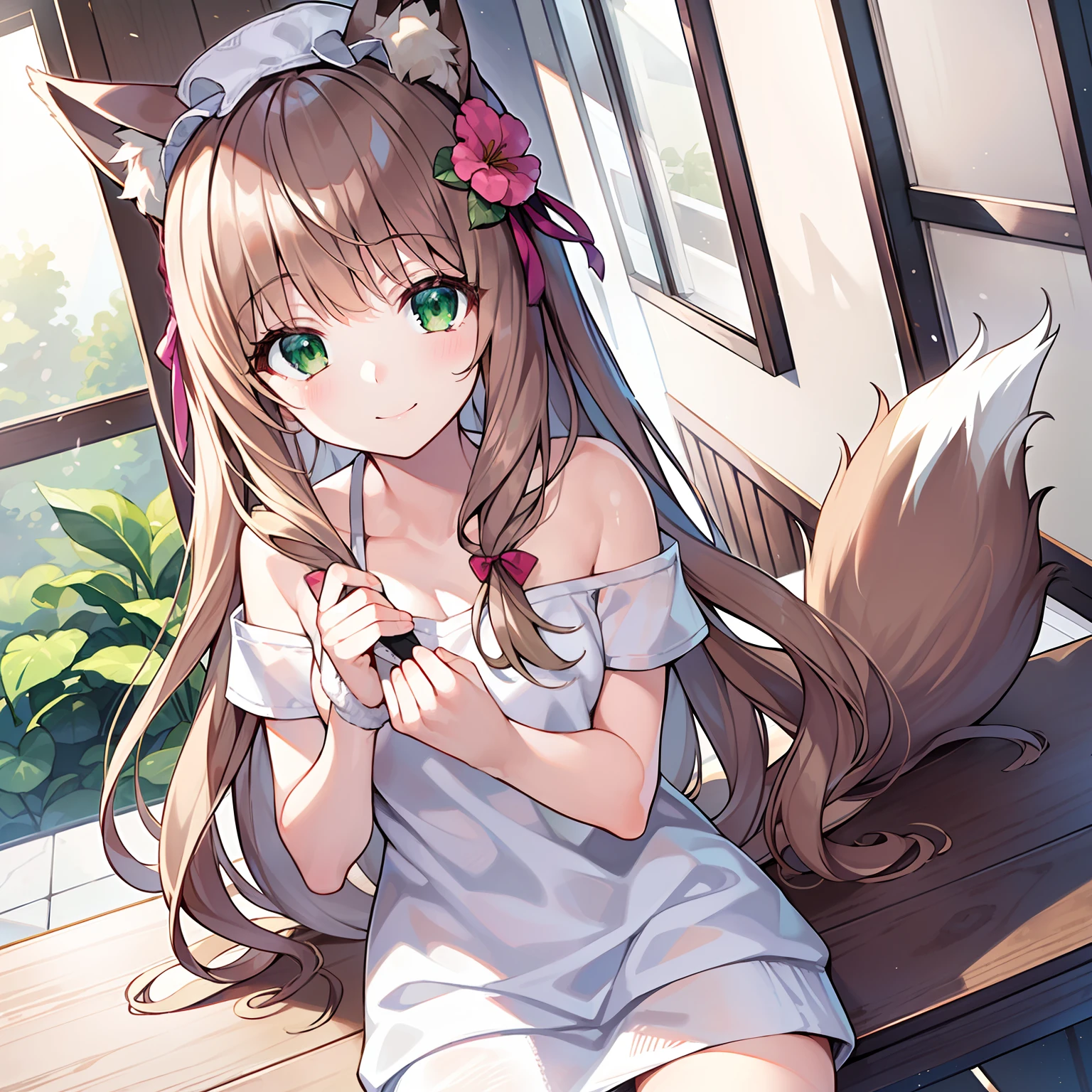 (Masterpiece, Best quality, high resolution), 1girll, Solo, Oversized fox tail，Long brown hair，Green eyes，Small flower headdress, (13-year-old junior high school student)，Modern architecture，On The Home，Girl knitting a hand towel on the table，Wear white casual clothes，ssmile，