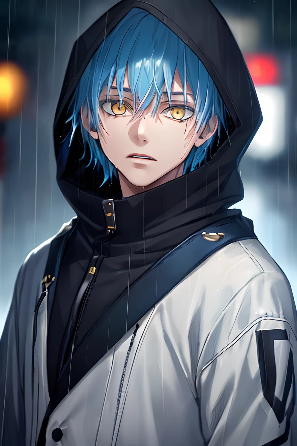 kk, best quality, more details, masterpiece, 1boy, kaneki ken, portrait, male focus, yellow eyes, solo, bangs, looking at viewer, hood, short hair, rain, tokyo tokyo \(city\),  hood up, nail polish, blue hair, luxurious, 8k, detailed, ray tracing, depth of field, cinematic lighting,