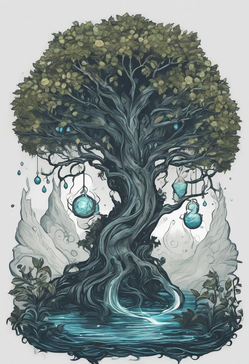 /imagine prompt: wizard tree fantasy water illustration for a sticker with a black background, in bold outline style, jagged edges, trashcore, light shading --v 5.2