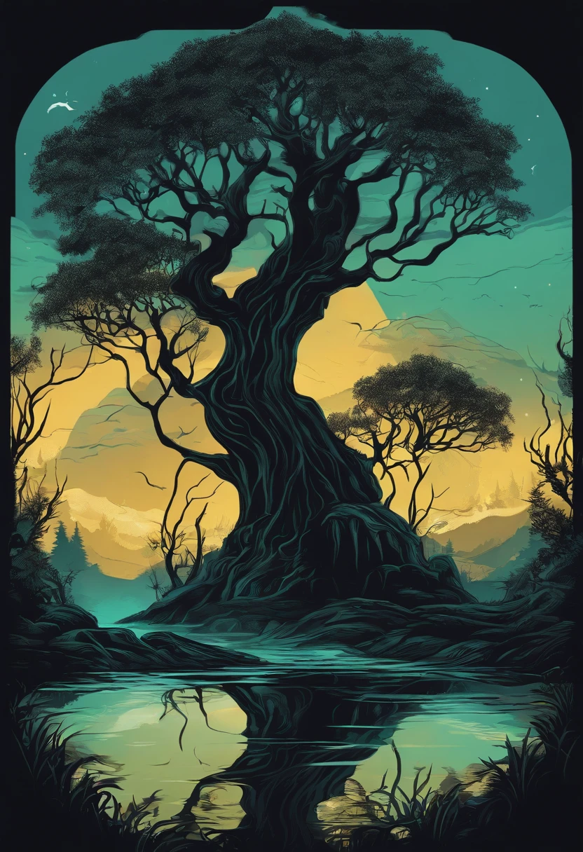 /imagine prompt: wizard tree fantasy water illustration for a sticker with a black background, in bold outline style, jagged edges, trashcore, light shading --v 5.2