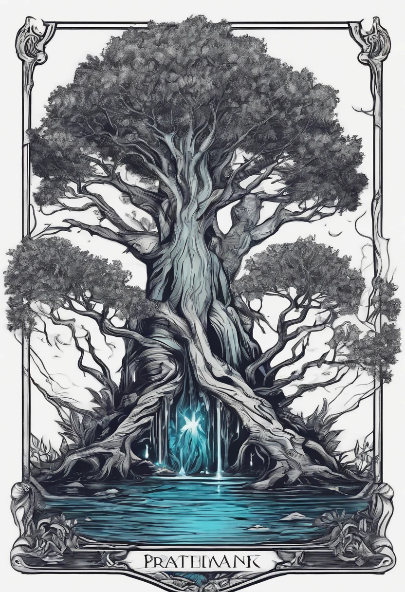 /imagine prompt: wizard tree fantasy water illustration for a sticker with a black background, in bold outline style, jagged edges, trashcore, light shading --v 5.2