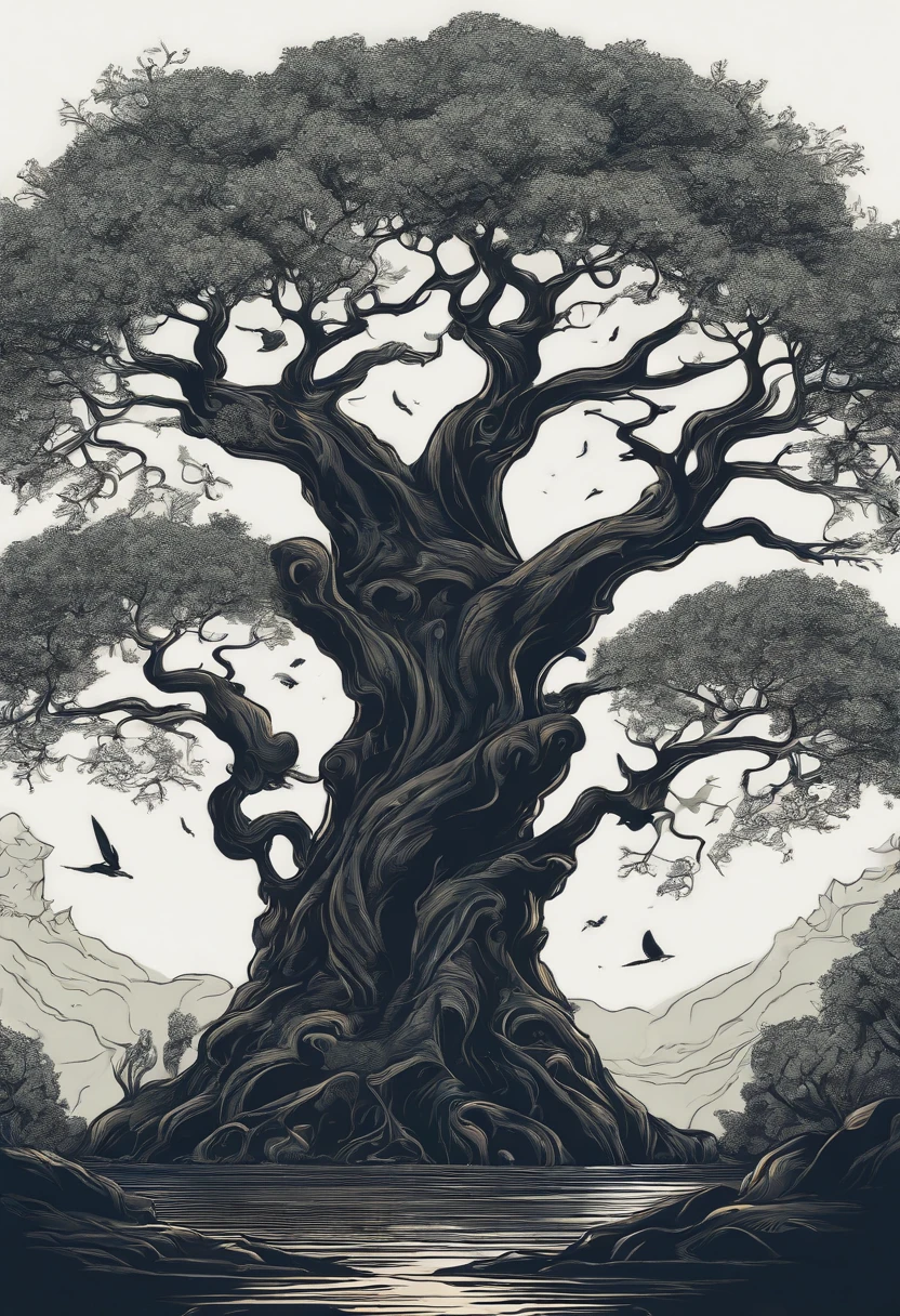 /imagine prompt: wizard tree fantasy water illustration for a sticker with a black background, in bold outline style, jagged edges, trashcore, light shading --v 5.2