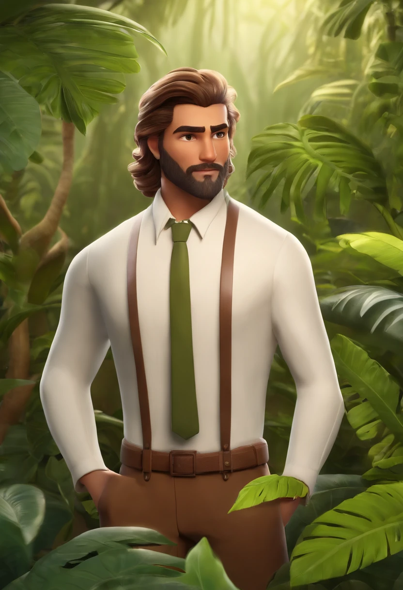 I would like a disney pixar style animation in 3D in 4K,
with the title: Leo the Plant Tamer 
○ Scenery is in the middle of nature with exotic plants, verdes e uma cachoeira atras. The main character is
A wonderful man of approximately 28 years old. 
Their skin is white, olhos castanho, cabelo castanho medio para o lado e liso.
The main character's outfit is a blazer in brown color with
White Shirt.
I would like to have a plant in the character's hand and around it as well.