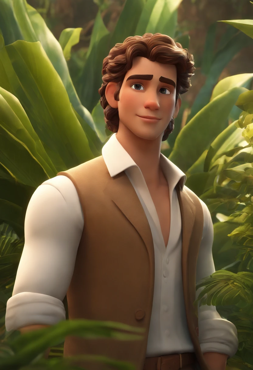 I would like a disney pixar style animation in 3D in 4K,
with the title: Leo the Plant Tamer
○ Scenery is in the middle of nature with exotic plants, verdes e uma cachoeira atras. The main character is
A wonderful man of approximately 28 years old.
Their skin is white, olhos castanho, cabelo castanho medio para o lado e liso.
The main character's outfit is a blazer in brown color with
White Shirt.
I would like to have a plant in the character's hand and around it as well.