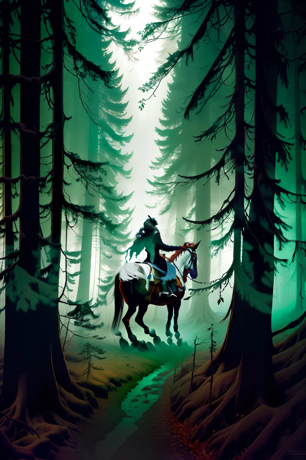 headless horseman riding in a forest,oil painting,dark and mysterious,ominous atmosphere,ghostly appearance,galloping horse,falling leaves,moonlit night,creepy fog,dense trees,haunting shadows,distant howling,withered branches,misty moonlight,ominous silhouette,spooky mood,blurred motion of the horseman,dramatic lighting,cold breeze,nightmare-like,horror,foggy forest ambiance,haunting beauty,enchanted forest,as if from a dark fairy tale,uncanny presence