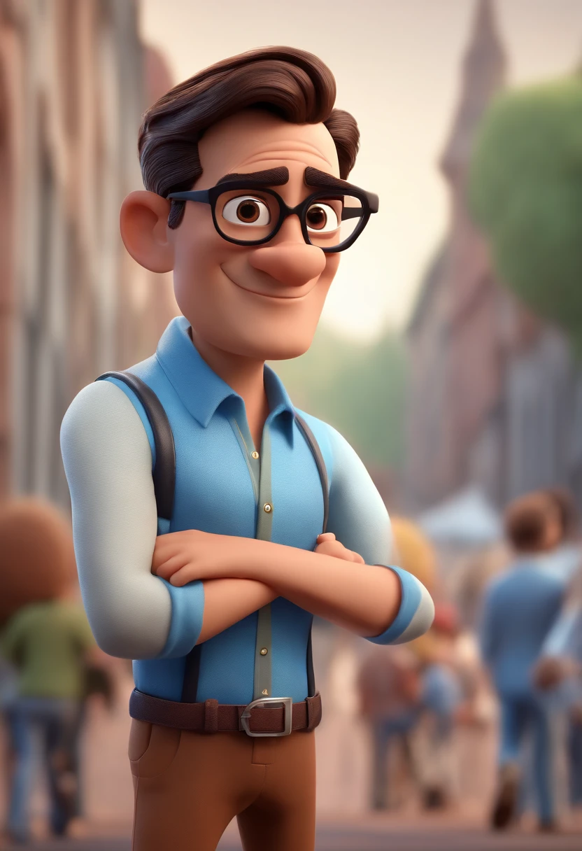 Cartoon character of a man with black glasses and a blue shirt, animation character, Caractere estilizado, animation style rendering, 3D estilizado, Arnold Maya render, 3 d render stylized, toon render keyshot, Personagem 3D, Personagem 3D, 3d rendering stylized, 3 d character render, personagem de desenho animado, Personagem de close up, Pose de personagem,  (Estilo Pixar) (master part:1.2) (Bokeh) (best quality) (pele detalhada) (textura detalhada) (8k) (argila) (Cinematic lighting) (foco nítido