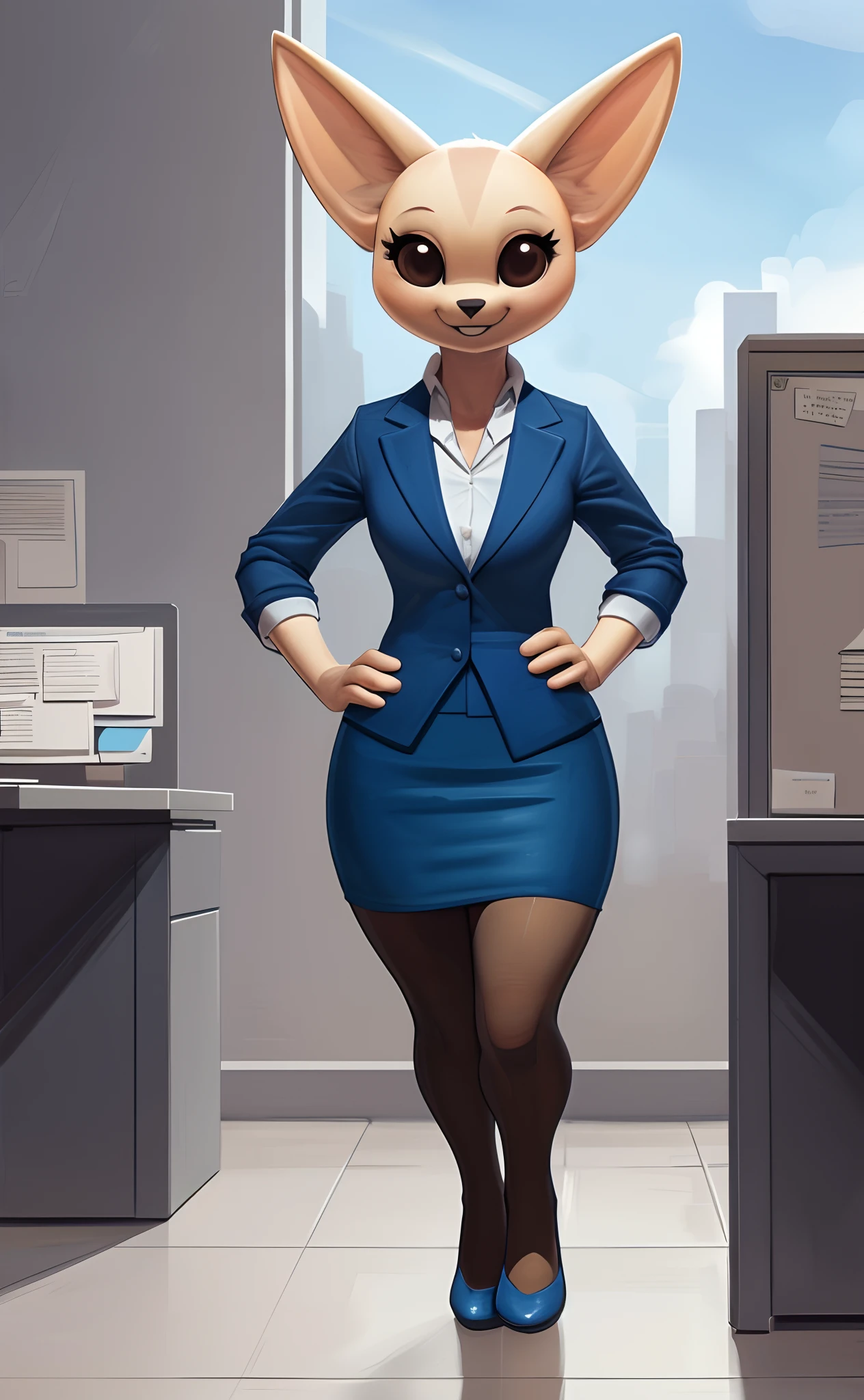 [fenneko], [aggretsuko], [Uploaded to e621.net; (Pixelsketcher), (wamudraws)], ((masterpiece)), ((HD)), ((solo portrait)), ((front view)), ((feet visible)), ((furry; anthro)), ((detailed fur)), ((detailed shading)), ((beautiful render art)), ((intricate details)), {anthro; (slim figure), beige fur, black nose, cute brown eyes, (short eyelashes), fluffy tail, (gorgeous hips), (beautiful legs), (beautiful feet), (excited grin), (cute fang)}, {(office woman), (blue blazer sweater), (short blue pencil skirt), (opaque pantyhose), (blue heels)}, {(standing), (hands on hip), (looking at viewer)}, [background; (cubicles), (white walls), (window), (blue sky), (sun rays)]