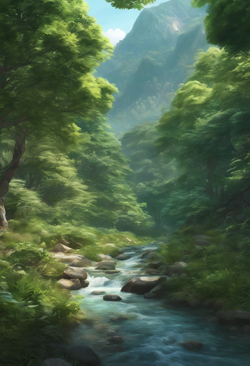 painting of a stream running through a lush green forest full of trees, pintura detalhada 4K, mountains river trees, papel de parede de paisagem anime, Arte bonita UHD 4K, paisagem campestre anime, detailed scenery—width 672, pintura digital bonita, Arte digital altamente detalhada em 4k, beautiful anime scenery, 8k arte detalhada de alta qualidade, Anime natureza Wallpap, natureza anime