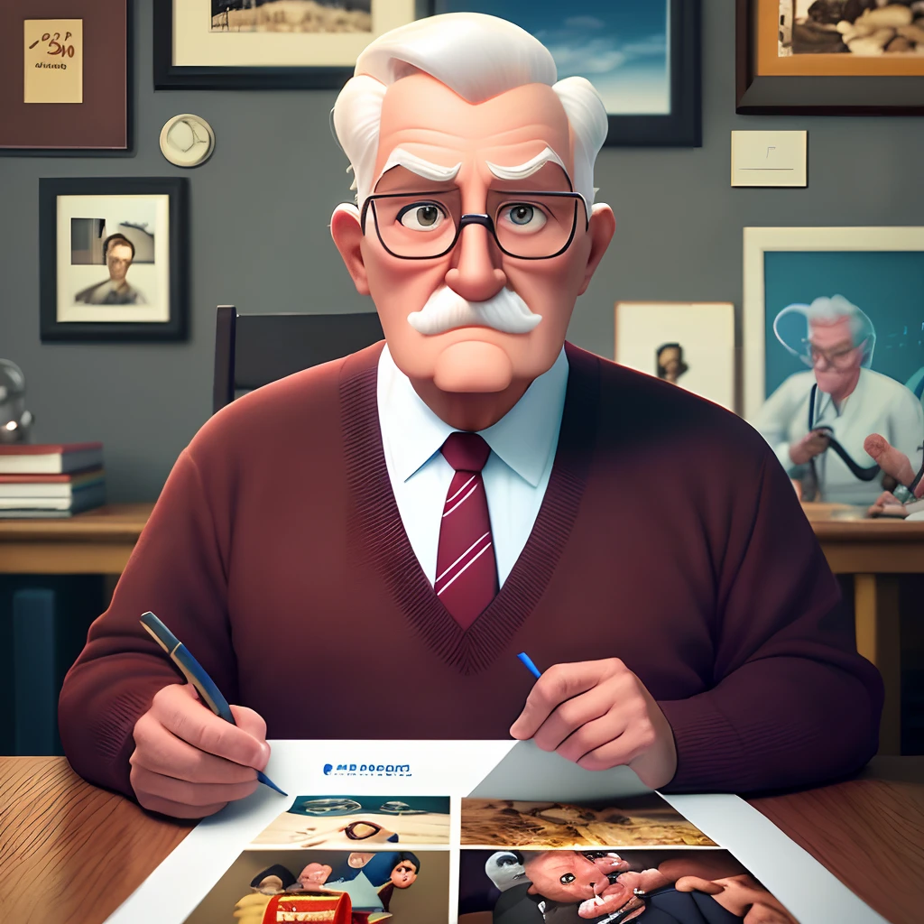 Poster 3 d inspirado pixar, capturando uma imagem de homem de 50 anos, cabelos curtos e claros, eyeglass, terno escuro, burgundy tie, pouco acima peso, pele clara, sem barba, bochechas claras,