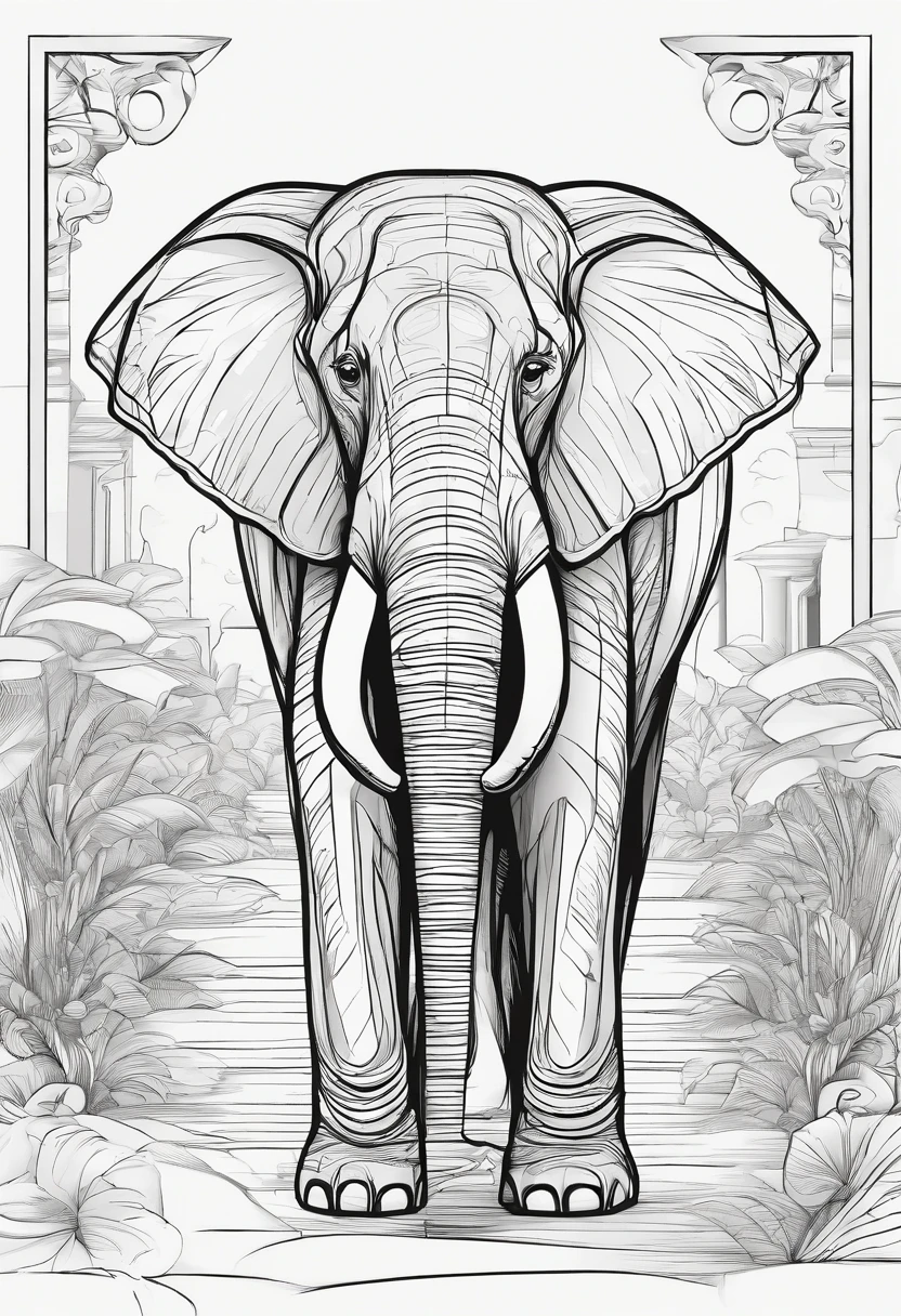 an elephant walking in a pathway, line art, cartoon character, 3d style, high-quality, coloring book, hand-draw, lineart,