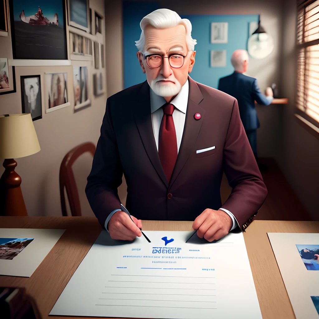 Poster 3 d inspirado pixar, capturando uma imagem de homem de 50 anos, cabelos curtos e claros, eyeglass, terno escuro, burgundy tie, pouco acima peso, pele clara, sem barba, bochechas claras,