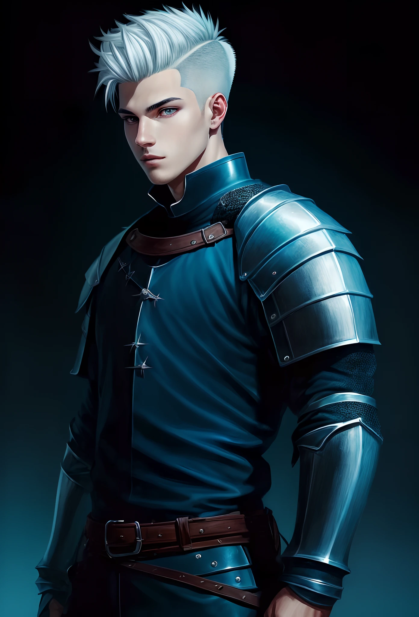 A highly detailed drawing of A 26 year old knight. He has white hair. He has an undercut hairstyle. The sides of his head are buzzed and the top is spiked. His eyes are blue.
