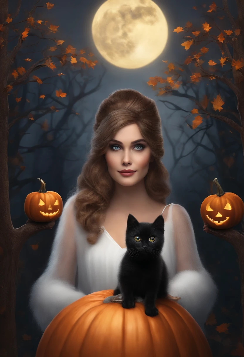 Criar um personagem no estilo pixar, de corpo inteiro de uma Mulher, branca, de olhos castanhos esverdeados, com cabelo ondulado ruivo avermelhado, sorrindo levemente. Usando uma fantasia na cor preta, de Bruxa no halloween, Holding a Halloween pumpkin, com um gato preto ao seu lado, e uma lua cheia no fundo da imagem.