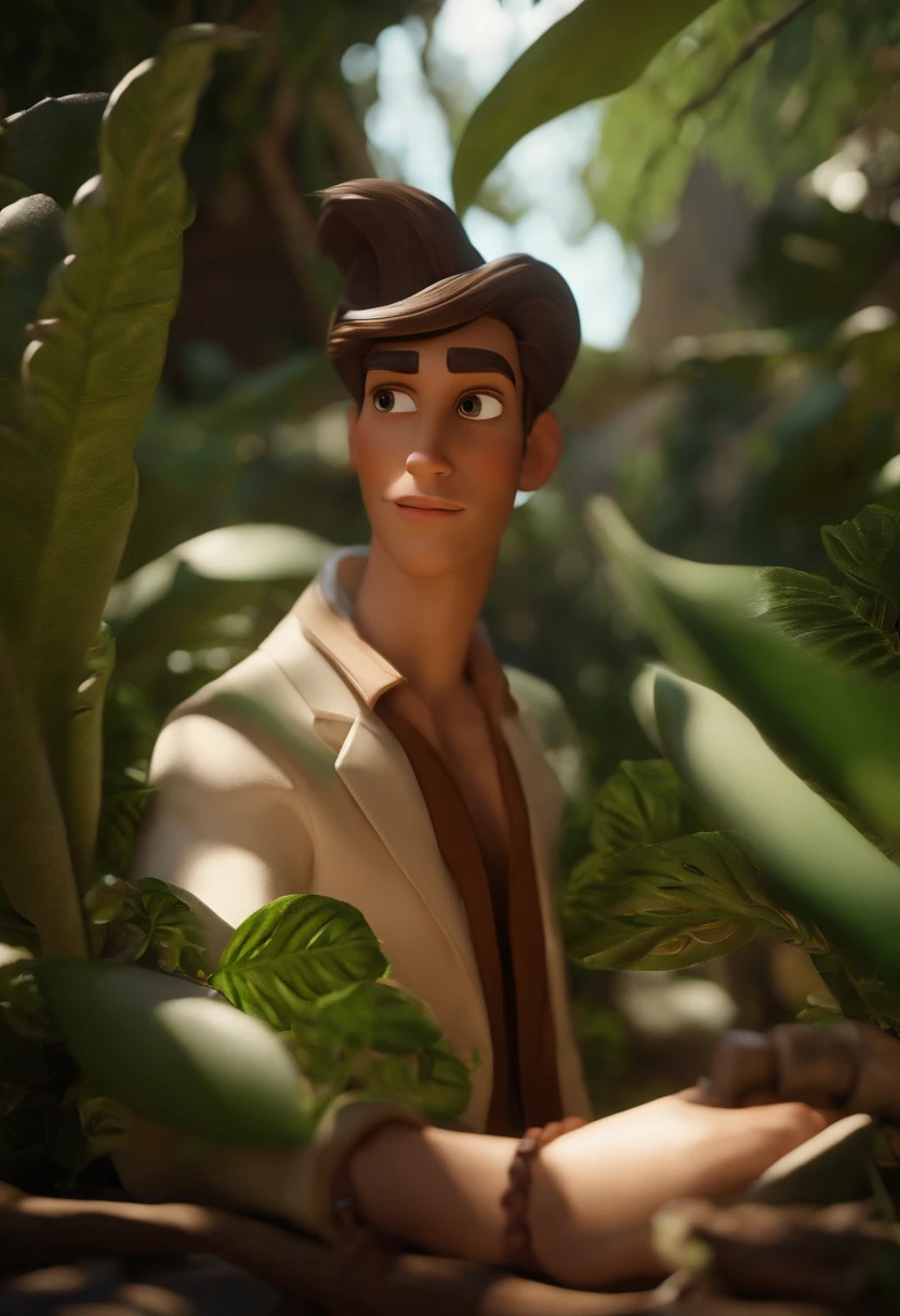 I would like a disney pixar style animation in 3D in 4K, with the title: leone, ○ The Plant Tamer Scenery is in the middle of nature with exotic plants, verdes e uma cachoeira atras. The main character is
A wonderful man of approximately 28 years old. 
His skin is white, olhos castanho, cabelo castanho medio para o lado e liso.
The main character's outfit is a blazer in brown color with
White Shirt.
I'd like to have a plant in the character's hand and around him as well.