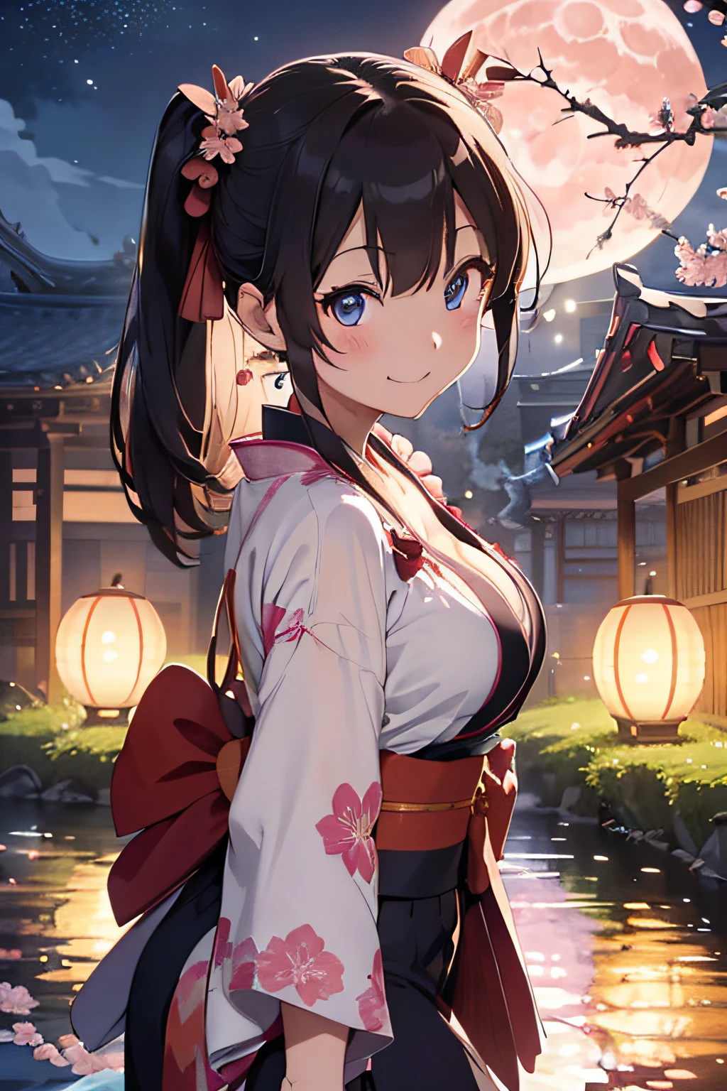 爆乳,Kimono with cleavage visible,Blue eyes,Smiling smile,absurderes,hight resolution,ultra-detailliert,(Accurate and unparalleled illustrations:1.3),Brown hair,poneyTail,arms behind back,Red ruffled kimono:1.3,Pink ribbon:1.1,Illuminated cherry blossoms:1.3,(Temples:1.2),(fullmoon:1.3)