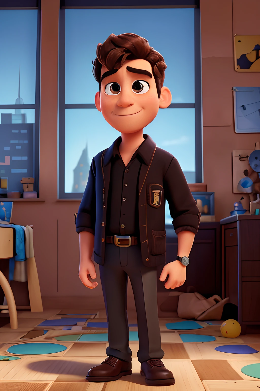 a Disney pixar-inspired movie poster with the title ("O arquiteto do futuro"). (O Arquiteto do futuro. An architect of the future in his office in black clothes, cabelo curto e encaracolado e uma verruga na bochecha esquerda, brown with a watch on his right arm) a cena deve estar no distinto estilo de arte digital da Pixar, with a focus on character expressions, Vibrant colors and detailed textures that are characteristic of animations, with the title (Bruno Arquiteto)