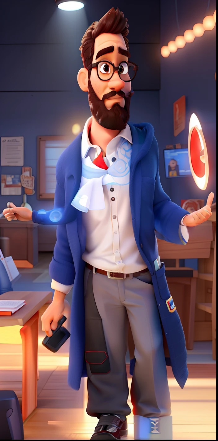 Pode melhorar barba mais rala com uns fios brancos, Make the full body appearing white red shoes. Man stands on black background on a speaker-like stage with microphone in one hand and book in the other in Disney pixar style best quality, maior qualidade. sunglasses