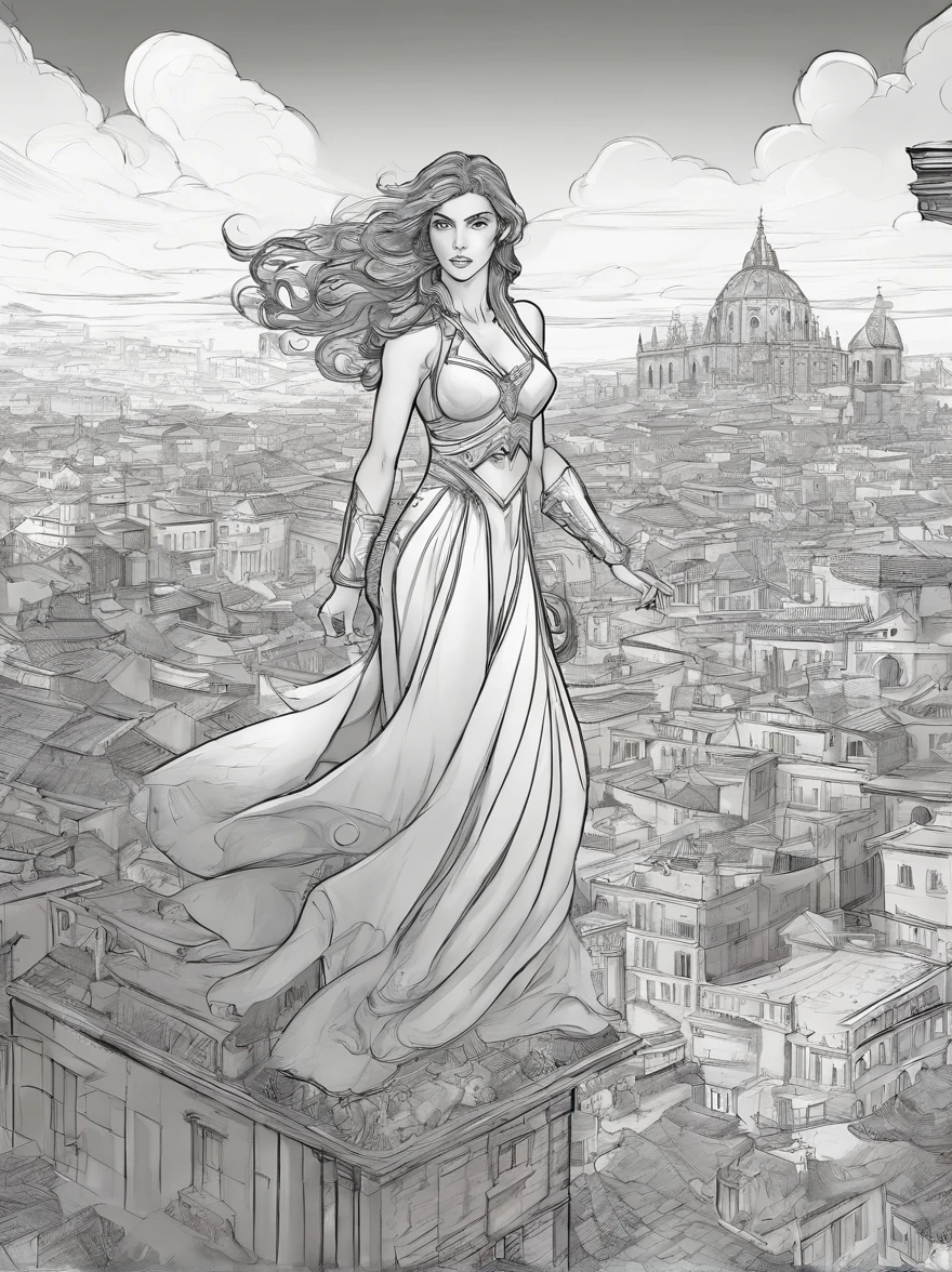 black and white coloring book line art. A beautiful Italian super heroine fighting a large villain on top of the rooftops of the city.