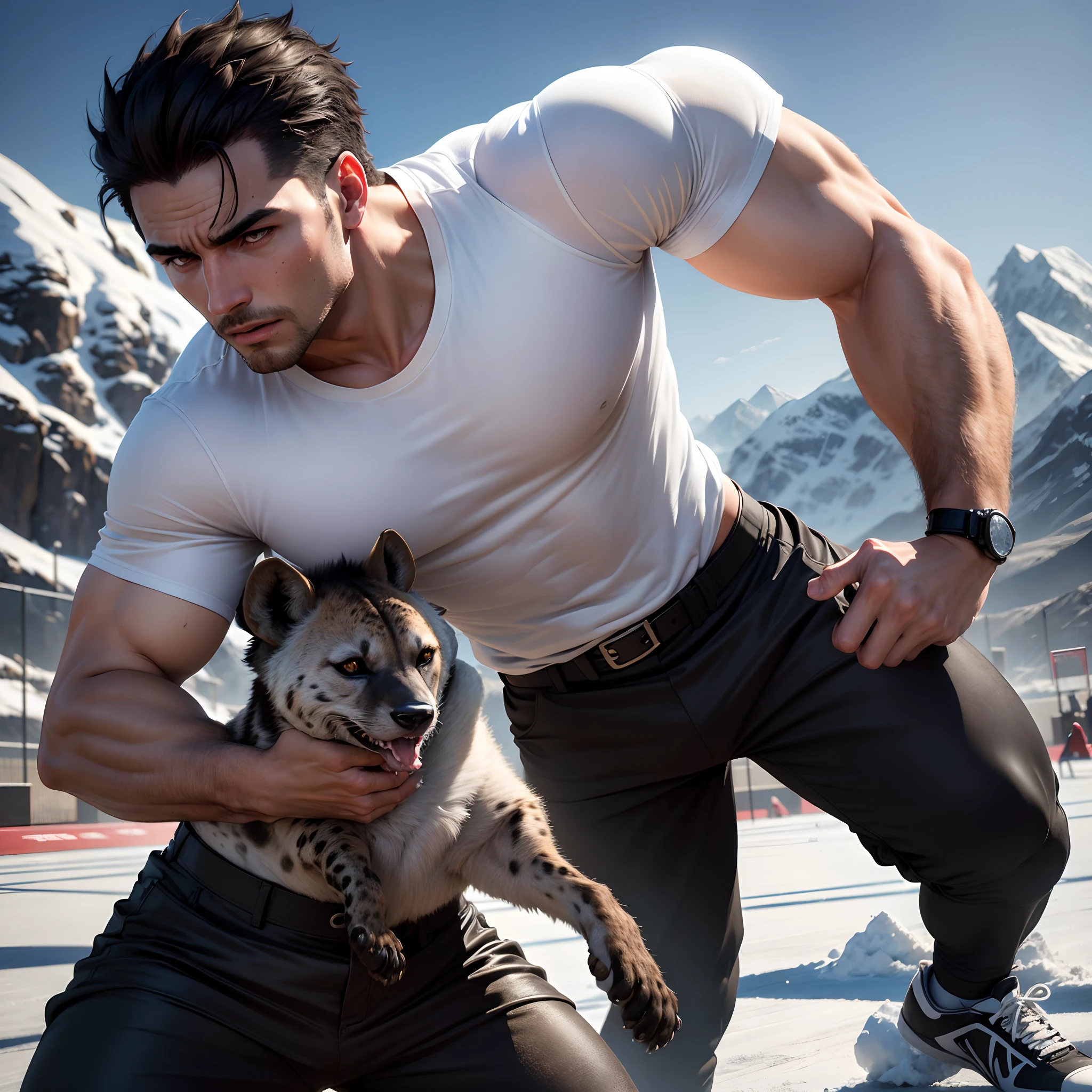 (highres,realistic:1.2),A man (in a white shirt and black pants) fighting with a spotted hyena,icy basketball court,snowy mountains in the background,ultra-detailed,sharp focus,professional,portrait,studio lighting,vivid colors,bokeh. --auto