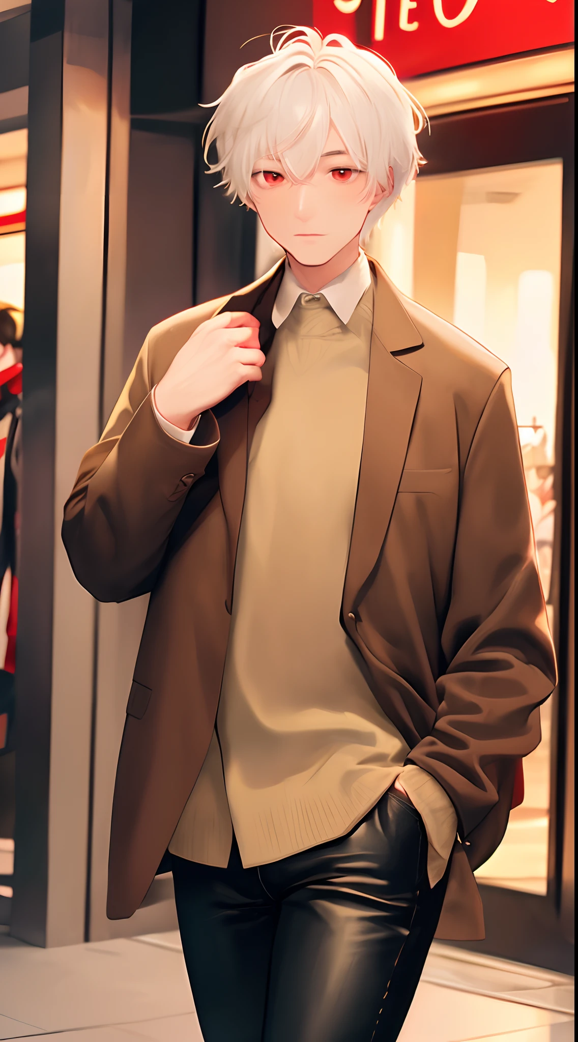 (4K works))、masterpiece、(top-quality)、((In front of the department store))、Korean Male、Adult male、((Adult 50 years old))、((Adult uncle type))、((Leather Jeans Style))、((Face similar to Hyunjin))、Cool Men、tall、((Gentle face))、((Cool werewolf fashion in black))、((Long sleeve long trouser style))、((Smaller face))、Slim body、((Uncle))、((white hair))、((white short-haired))、((Red Eyes))、((shot from front))、((Shot alone))、((Solo Photography))、Professional Photos、((Reach out to your audience))、((He walks in front of the viewer))、((dad bod))、