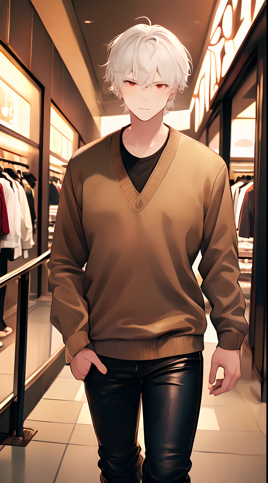 (4K works))、masterpiece、(top-quality)、((In front of the department store))、Korean Male、Adult male、((Adult 50 years old))、((Adult uncle type))、((Leather Jeans Style))、((Face similar to Hyunjin))、Cool Men、tall、((Gentle face))、((Cool werewolf fashion in black))、((Long sleeve long trouser style))、((Smaller face))、Slim body、((Uncle))、((white hair))、((white short-haired))、((Red Eyes))、((shot from front))、((Shot alone))、((Solo Photography))、Professional Photos、((Reach out to your audience))、((He walks in front of the viewer))、((dad bod))、
