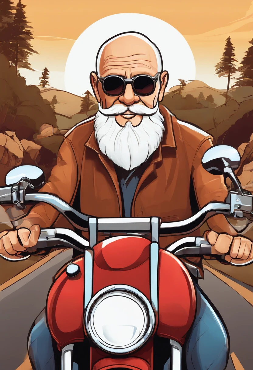 a Disney Pixar 3D style poster of an elderly man with glasses, bald head and a white beard riding a Harley Davison 883 on a motorcycle ride