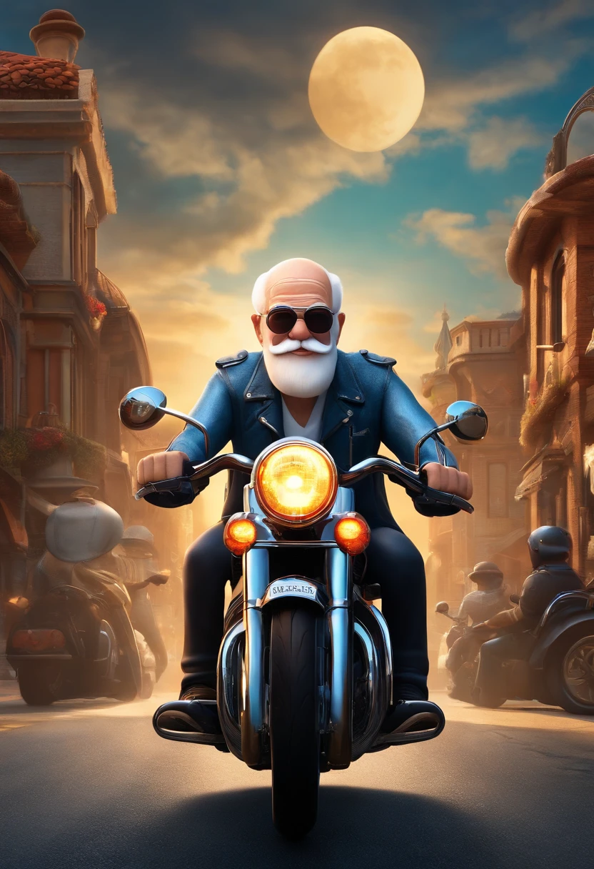 a Disney Pixar 3D style poster of an elderly man with glasses, bald head and a white beard riding a Harley Davison 883 on a motorcycle ride